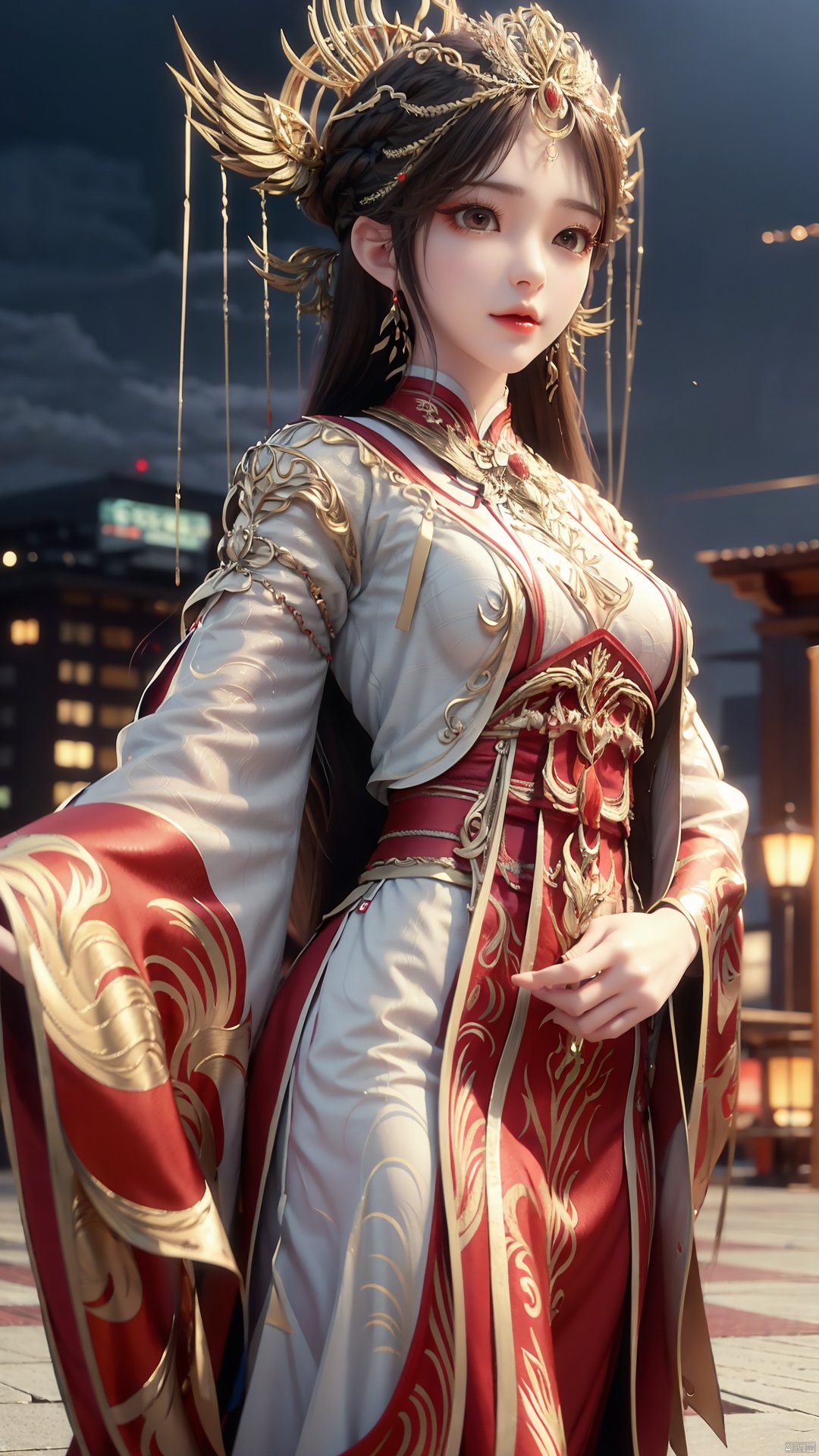 1girl, solo, looking at viewer, brown eyes, brown hair, jewelry, long hair, chinese clothes, hair ornament, earrings, mischevious smile, perfect body, scenery, sharp focus, best quality, masterpiece, detailed outfit, illustration, perfect eyes, finely detailed beautiful anime eyes, realistic skin, intricate details, best lighting, depth of field, ultra high resolution,cowboy_shot, dynamic pose, dynamic angle,