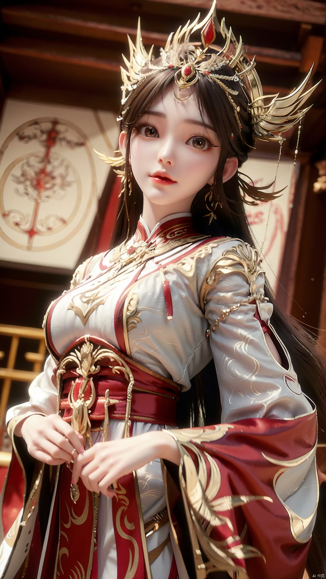 1girl, solo, looking at viewer, brown eyes, brown hair, jewelry, long hair, chinese clothes, hair ornament, earrings, mischevious smile, perfect body, scenery, sharp focus, best quality, masterpiece, detailed outfit, illustration, perfect eyes, finely detailed beautiful anime eyes, realistic skin, intricate details, best lighting, depth of field, ultra high resolution,cowboy_shot, dynamic pose, dynamic angle,