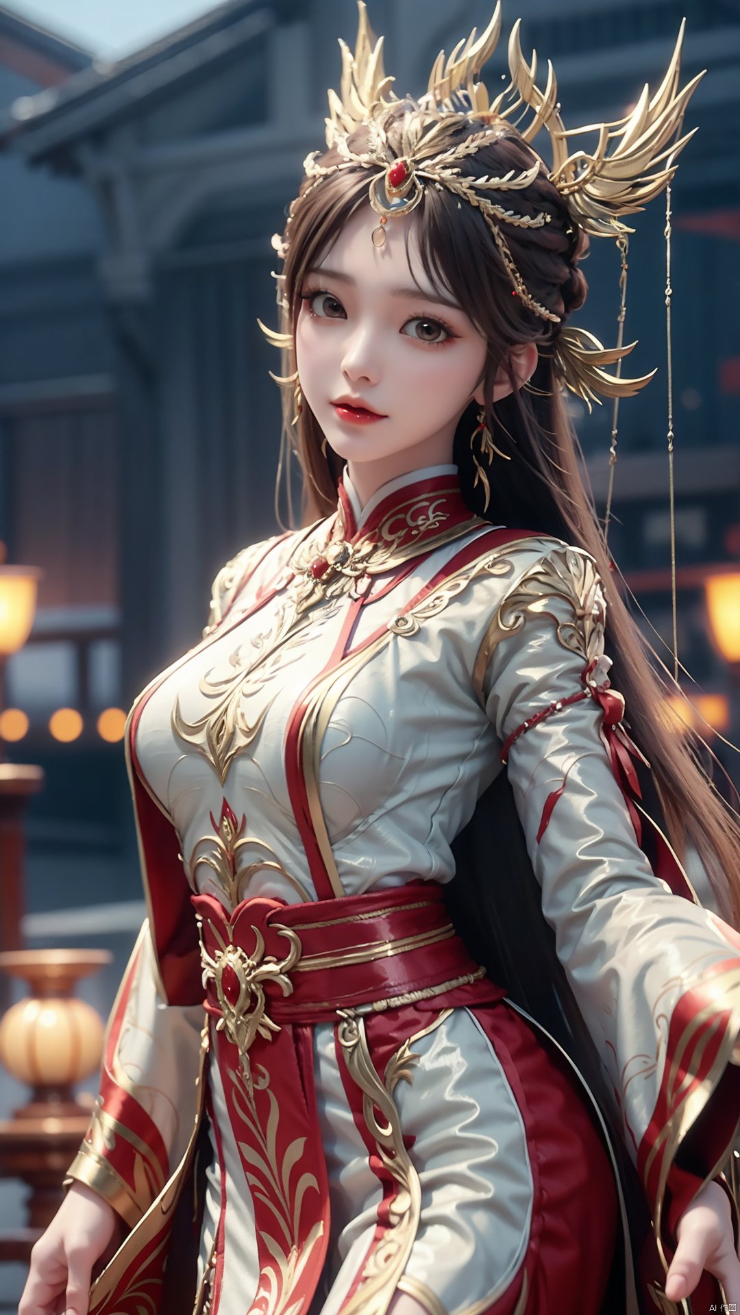 1girl, solo, looking at viewer, brown eyes, brown hair, jewelry, long hair, chinese clothes, hair ornament, earrings, mischevious smile, perfect body, scenery, sharp focus, best quality, masterpiece, detailed outfit, illustration, perfect eyes, finely detailed beautiful anime eyes, realistic skin, intricate details, best lighting, depth of field, ultra high resolution,cowboy_shot, dynamic pose, dynamic angle,