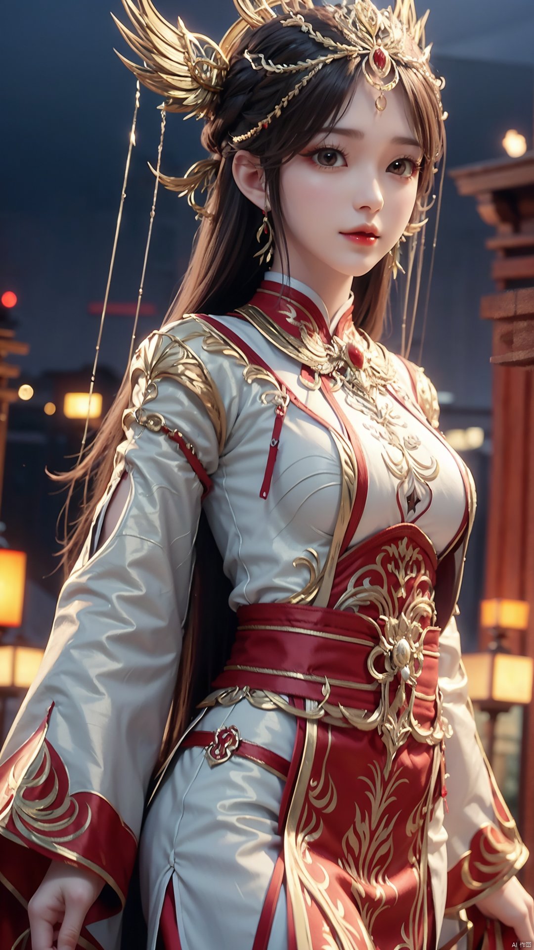 1girl, solo, looking at viewer, brown eyes, brown hair, jewelry, long hair, chinese clothes, hair ornament, earrings, mischevious smile, perfect body, scenery, sharp focus, best quality, masterpiece, detailed outfit, illustration, perfect eyes, finely detailed beautiful anime eyes, realistic skin, intricate details, best lighting, depth of field, ultra high resolution,cowboy_shot, dynamic pose, dynamic angle,