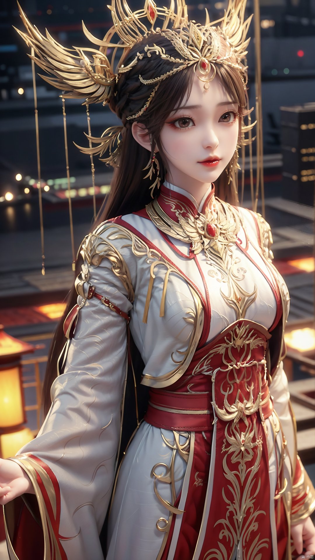 1girl, solo, looking at viewer, brown eyes, brown hair, jewelry, long hair, chinese clothes, hair ornament, earrings, mischevious smile, perfect body, scenery, sharp focus, best quality, masterpiece, detailed outfit, illustration, perfect eyes, finely detailed beautiful anime eyes, realistic skin, intricate details, best lighting, depth of field, ultra high resolution,cowboy_shot, dynamic pose, dynamic angle,