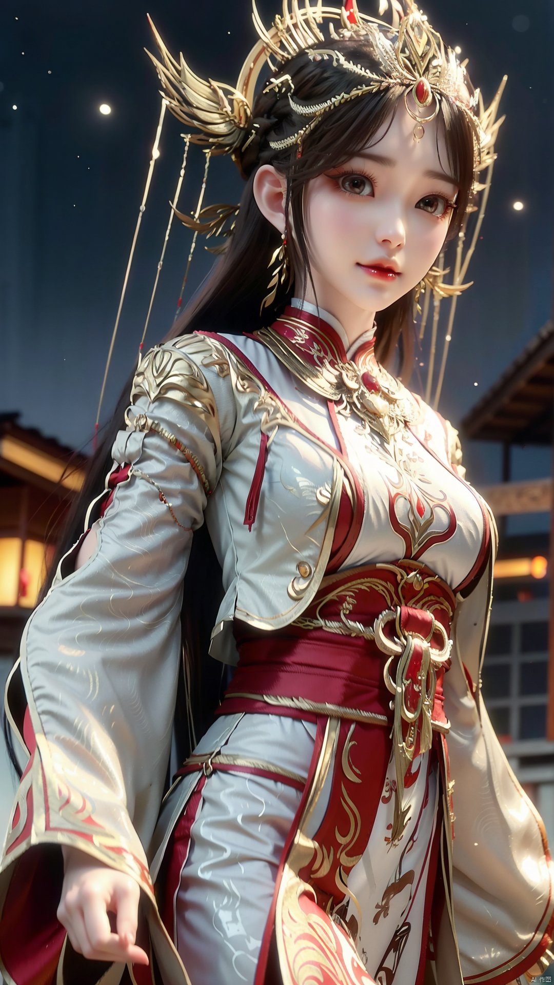 1girl, solo, looking at viewer, brown eyes, brown hair, jewelry, long hair, chinese clothes, hair ornament, earrings, mischevious smile, perfect body, scenery, sharp focus, best quality, masterpiece, detailed outfit, illustration, perfect eyes, finely detailed beautiful anime eyes, realistic skin, intricate details, best lighting, depth of field, ultra high resolution,cowboy_shot, dynamic pose, dynamic angle,