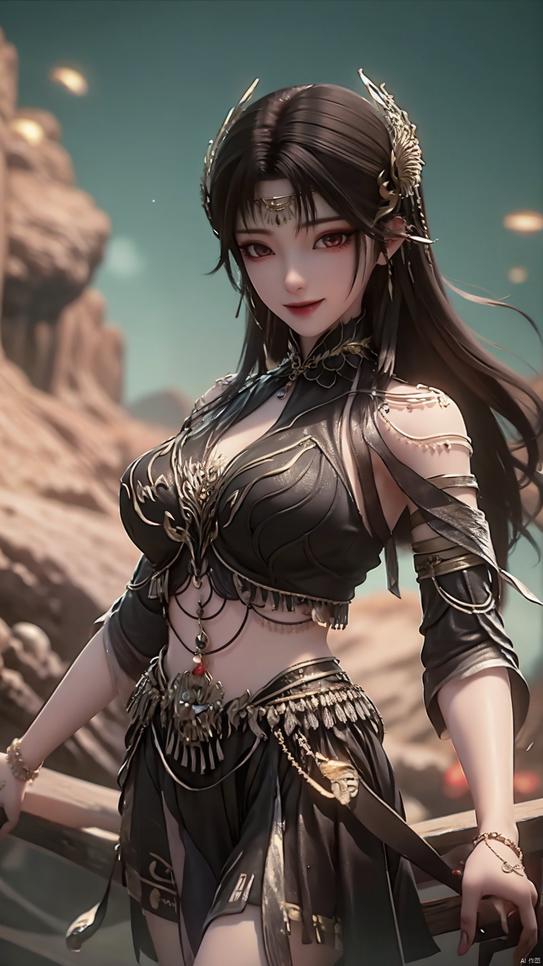 1girl, solo, jewelry, long hair, bracelet, hair ornament, skirt, black hair, mischevious smile, perfect body, scenery, sharp focus, best quality, masterpiece, detailed outfit, illustration, perfect eyes, finely detailed beautiful anime eyes, realistic skin, intricate details, best lighting, depth of field, ultra high resolution,cowboy_shot, dynamic pose, dynamic angle,