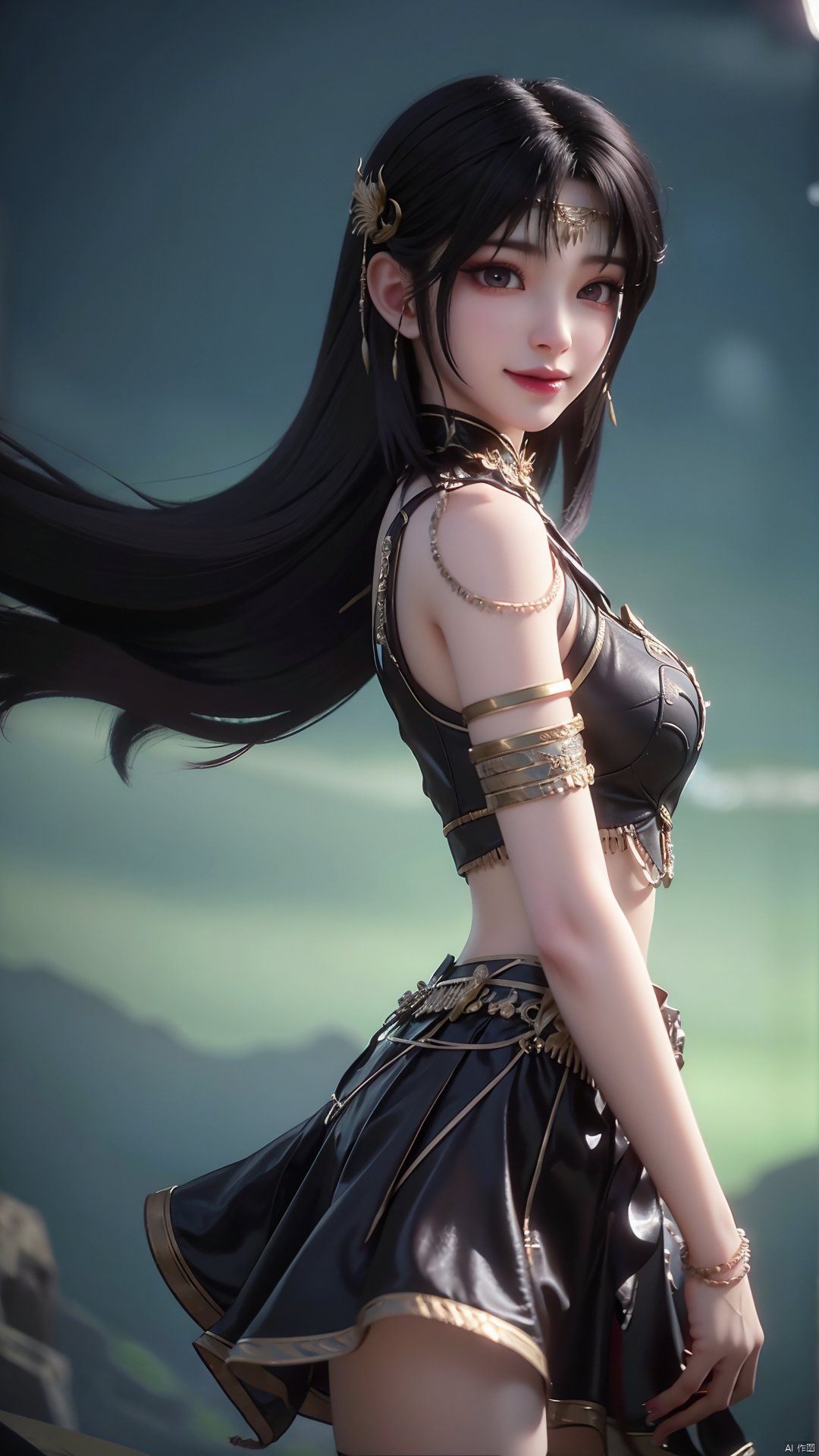 1girl, solo, jewelry, long hair, bracelet, hair ornament, skirt, black hair, mischevious smile, perfect body, scenery, sharp focus, best quality, masterpiece, detailed outfit, illustration, perfect eyes, finely detailed beautiful anime eyes, realistic skin, intricate details, best lighting, depth of field, ultra high resolution,cowboy_shot, dynamic pose, dynamic angle,