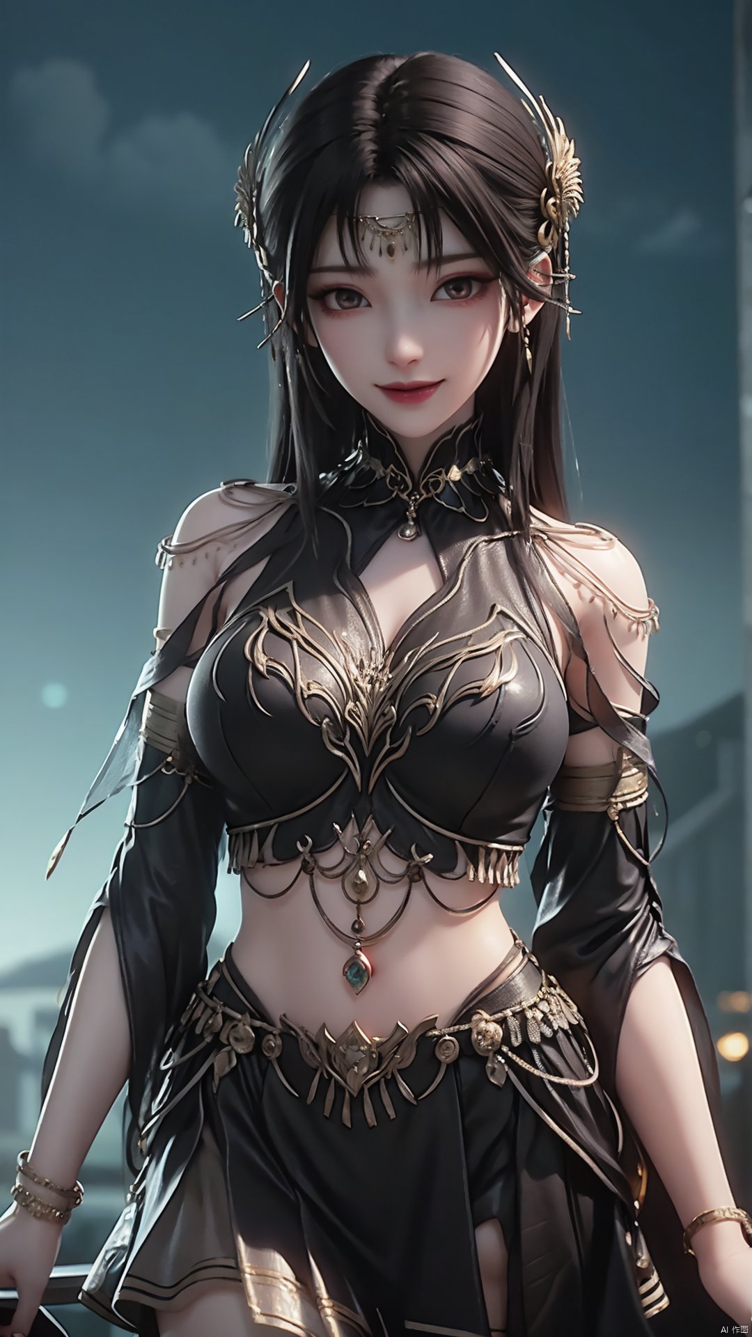 1girl, solo, jewelry, long hair, bracelet, hair ornament, skirt, black hair, mischevious smile, perfect body, scenery, sharp focus, best quality, masterpiece, detailed outfit, illustration, perfect eyes, finely detailed beautiful anime eyes, realistic skin, intricate details, best lighting, depth of field, ultra high resolution,cowboy_shot, dynamic pose, dynamic angle,