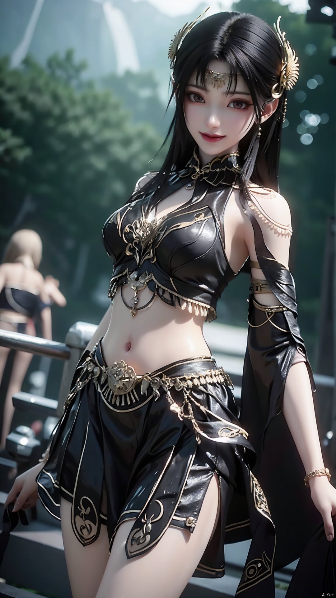 1girl, solo, jewelry, long hair, bracelet, hair ornament, skirt, black hair, mischevious smile, perfect body, scenery, sharp focus, best quality, masterpiece, detailed outfit, illustration, perfect eyes, finely detailed beautiful anime eyes, realistic skin, intricate details, best lighting, depth of field, ultra high resolution,cowboy_shot, dynamic pose, dynamic angle,