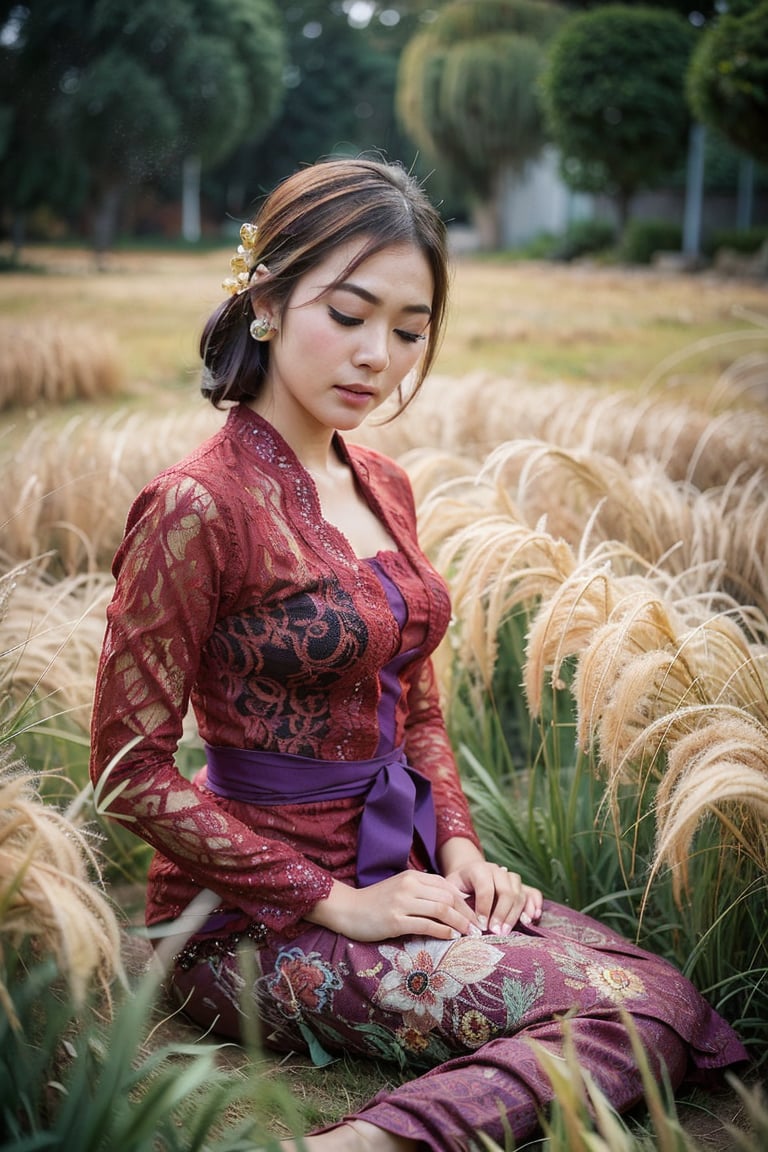 b4likebay4,  korean girl, solo, bob hair, brown hair, long sleeves, dress, jewelry, sitting, closed mouth, closed eyes, earrings, outdoors, day, medium hair, blurry, depth of field, blurry background, grass, facing viewer, purple dress, realistic, yokozuwari