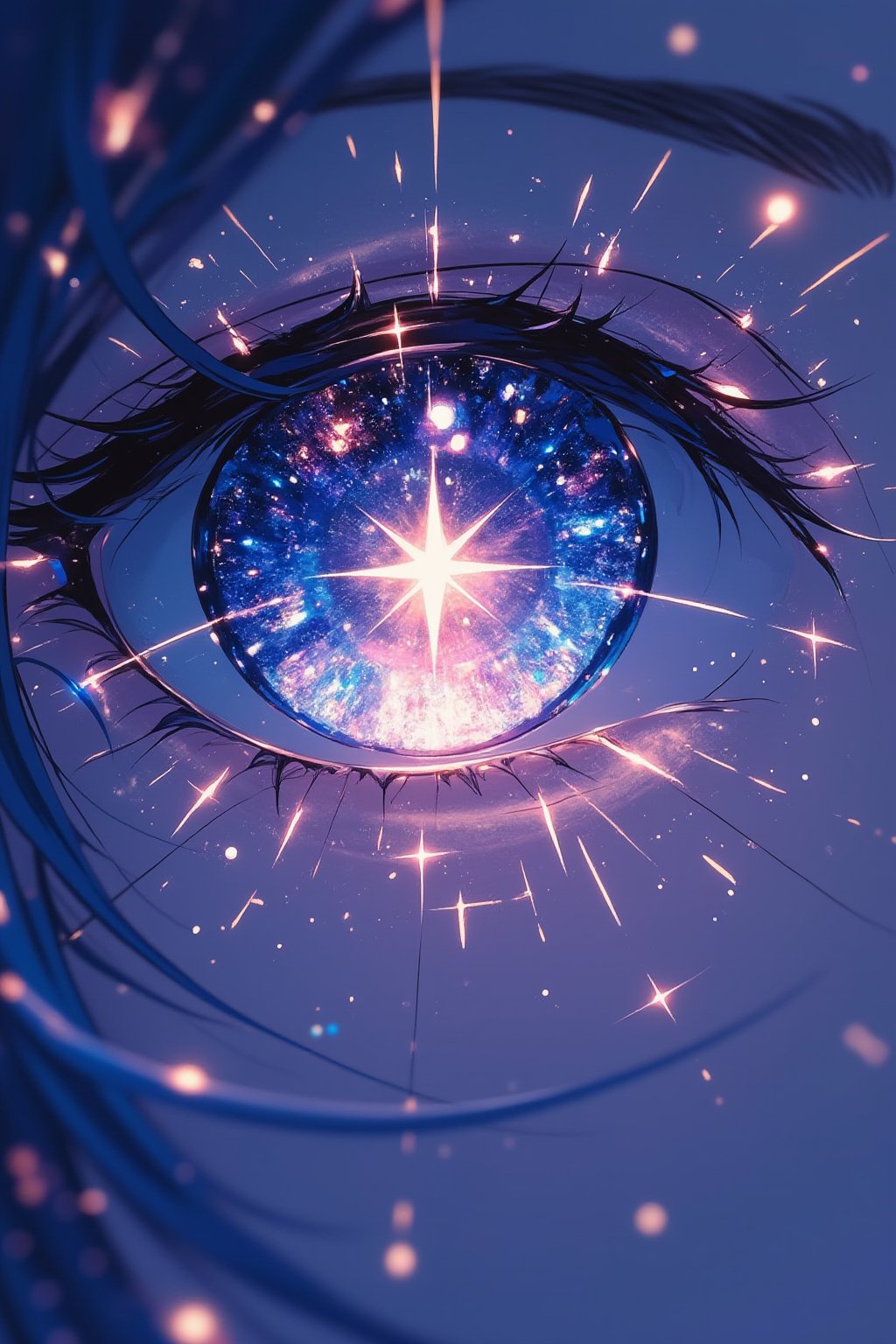 masterpiece, ultra detailed, HD, 
Anime style, Japanese anime, 

vertically oriented, high-quality illustration. A close-up of one eye, with part of the mouth visible in a soft yet detailed anime aesthetic. The focus is on the eye, where the star is clearly reflected in the center of the iris. Around the eye, intricate fractal patterns extend from the iris towards the outer edges, creating a mesmerizing and geometric design. The fractal shapes glow softly, contrasting with the subtle shadows and highlights around the eye, enhancing the focus on the star. The mouth, slightly visible in the frame, adds a subtle emotional expression, complementing the intricate and mysterious fractal effect. The overall composition emphasizes a sense of otherworldly beauty and complexity.,

Anime Style,Eyelashes