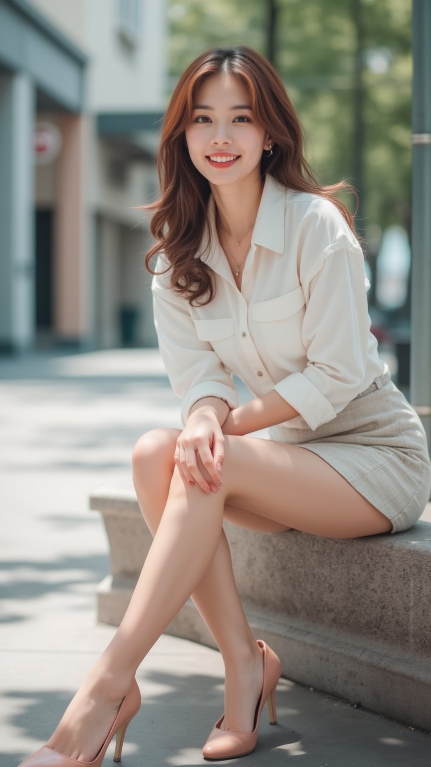 A young Beautiful Asian woman, medium brown hair, ol outfit, white shirt, skirt, pumps, cityscape, sitting on street side bench, sunny, sharp focus, charming smile face, fashion model posing, amazing composition,