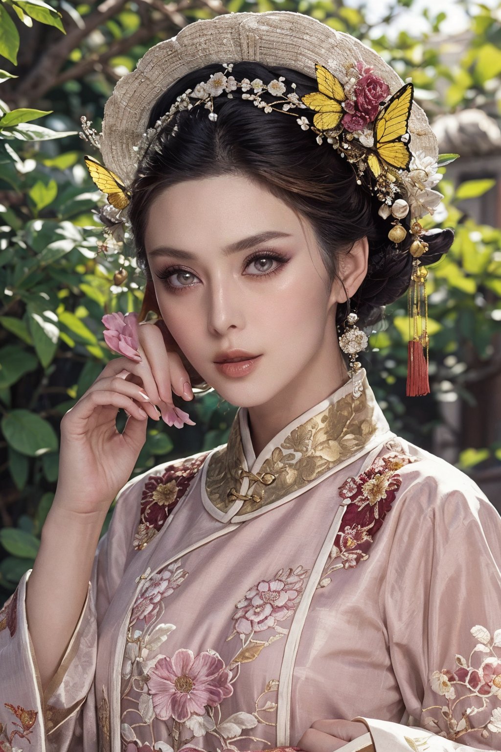 This is a photo showing a woman wearing traditional Chinese clothing, reflecting a historical or period style. The subject of the photo is the woman, wearing a bright, richly decorated and intricately embroidered dress. On her head is a special black hat decorated with a large pink flower and a golden butterfly. The background is composed of lush green foliage, suggesting a natural outdoor scene. The focus of the composition is the calm and dignified facial expression of the woman as she gently holds the leaf. This image exudes the essence of cultural richness, elegance and history.32k,