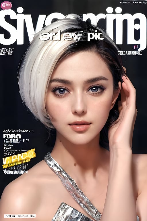 1girl, solo, upper body, white hair, lips, traditional media, reality, pop idol magazine, title font "New Lora Is Coming", attractive cover with beauty characters,jpop cover 80s,民國時期的穿著