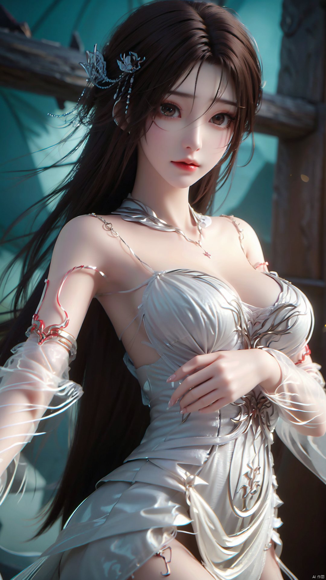 1girl, dress, solo, brown hair, long hair, white dress, hair ornament, bare shoulders, mischevious smile, perfect body, scenery, sharp focus, best quality, masterpiece, detailed outfit, illustration, perfect eyes, finely detailed beautiful anime eyes, realistic skin, intricate details, best lighting, depth of field, ultra high resolution,cowboy_shot, dynamic pose, dynamic angle,