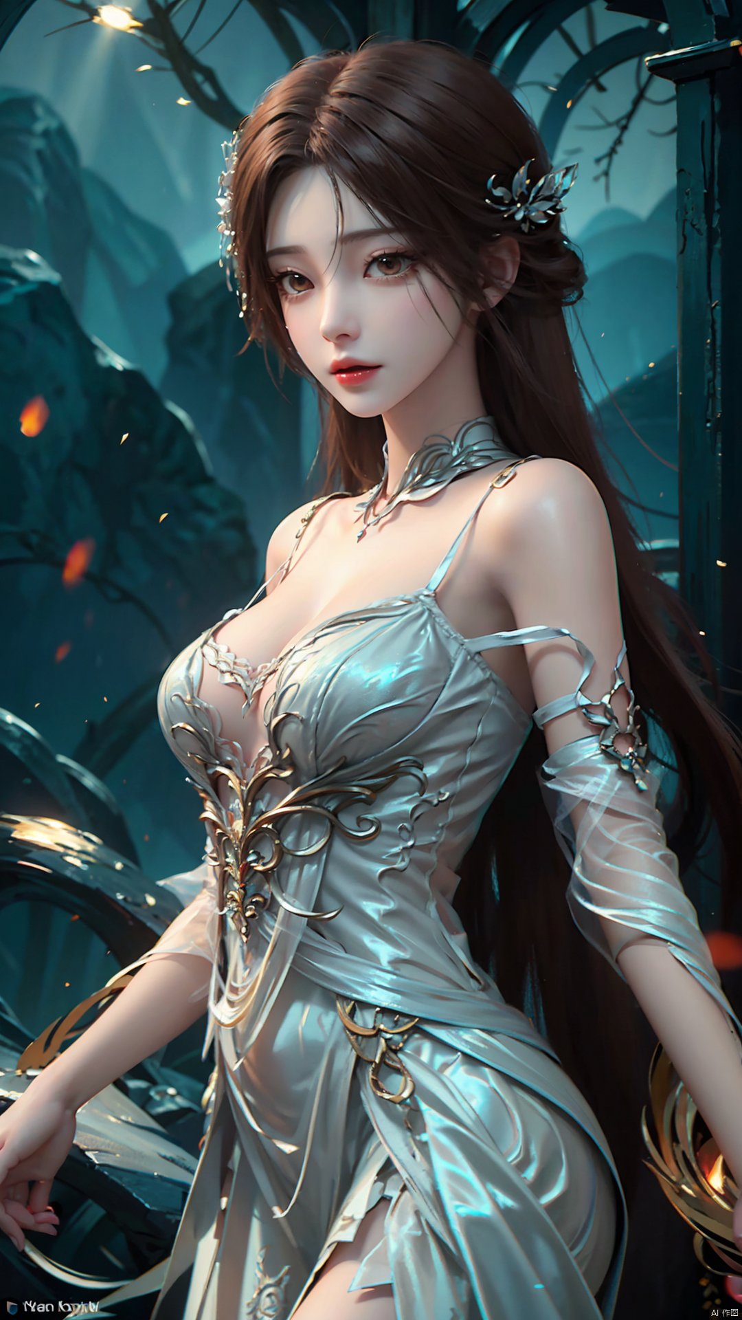 1girl, dress, solo, brown hair, long hair, white dress, hair ornament, bare shoulders, mischevious smile, perfect body, scenery, sharp focus, best quality, masterpiece, detailed outfit, illustration, perfect eyes, finely detailed beautiful anime eyes, realistic skin, intricate details, best lighting, depth of field, ultra high resolution,cowboy_shot, dynamic pose, dynamic angle,