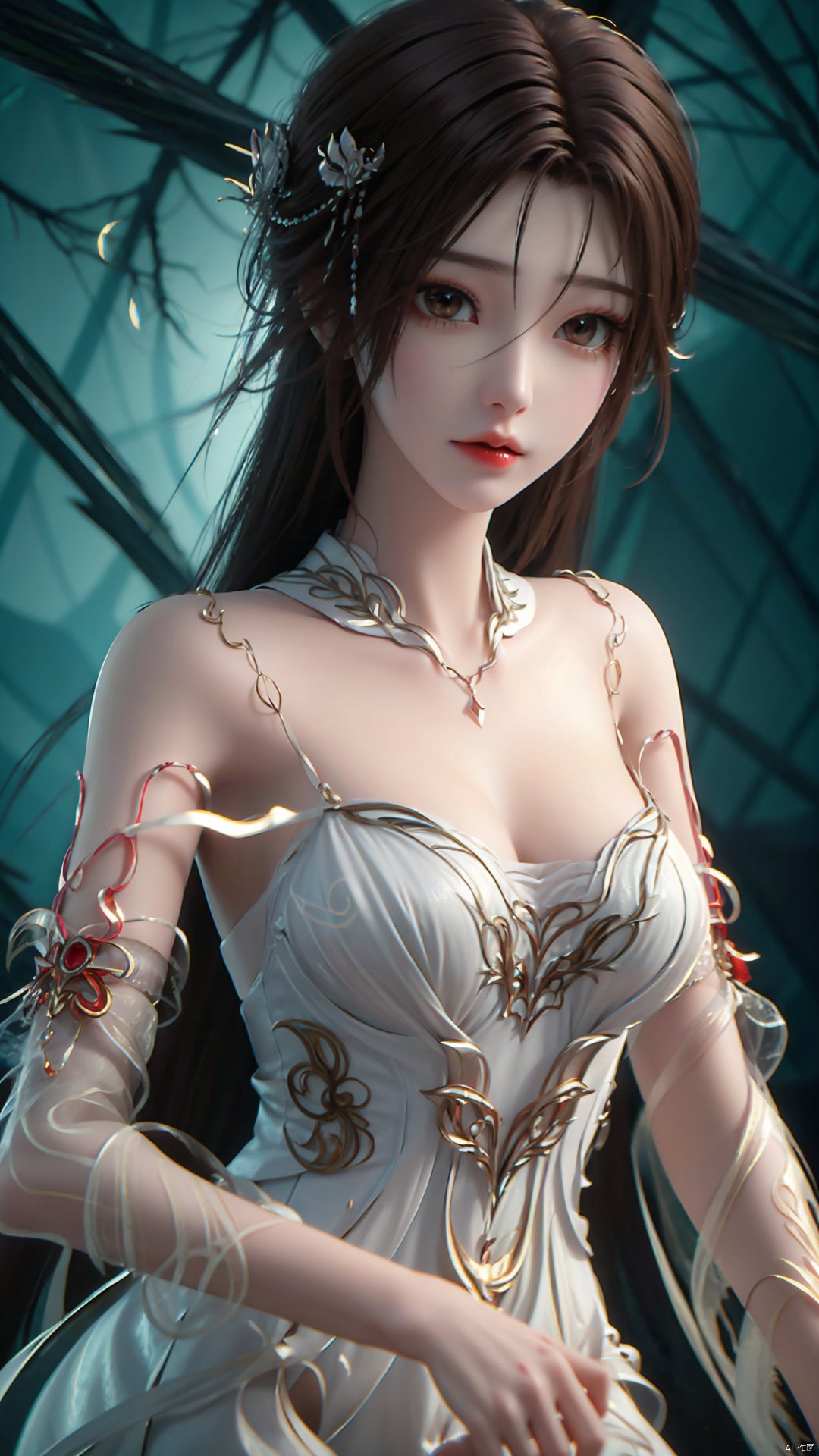 1girl, dress, solo, brown hair, long hair, white dress, hair ornament, bare shoulders, mischevious smile, perfect body, scenery, sharp focus, best quality, masterpiece, detailed outfit, illustration, perfect eyes, finely detailed beautiful anime eyes, realistic skin, intricate details, best lighting, depth of field, ultra high resolution,cowboy_shot, dynamic pose, dynamic angle,