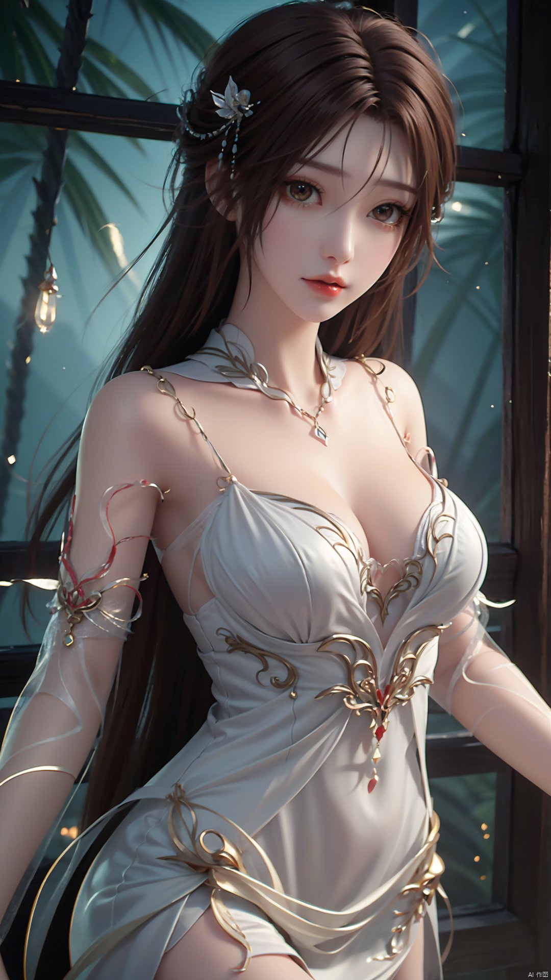 1girl, dress, solo, brown hair, long hair, white dress, hair ornament, bare shoulders, mischevious smile, perfect body, scenery, sharp focus, best quality, masterpiece, detailed outfit, illustration, perfect eyes, finely detailed beautiful anime eyes, realistic skin, intricate details, best lighting, depth of field, ultra high resolution,cowboy_shot, dynamic pose, dynamic angle,