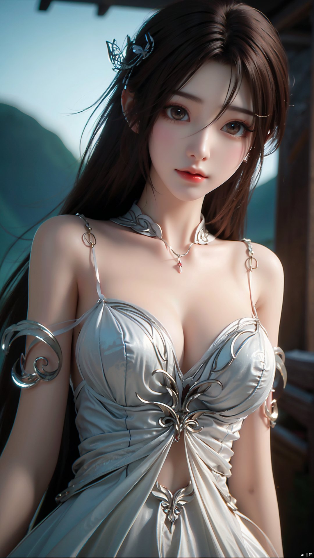 1girl, dress, solo, brown hair, long hair, white dress, hair ornament, bare shoulders, mischevious smile, perfect body, scenery, sharp focus, best quality, masterpiece, detailed outfit, illustration, perfect eyes, finely detailed beautiful anime eyes, realistic skin, intricate details, best lighting, depth of field, ultra high resolution,cowboy_shot, dynamic pose, dynamic angle,