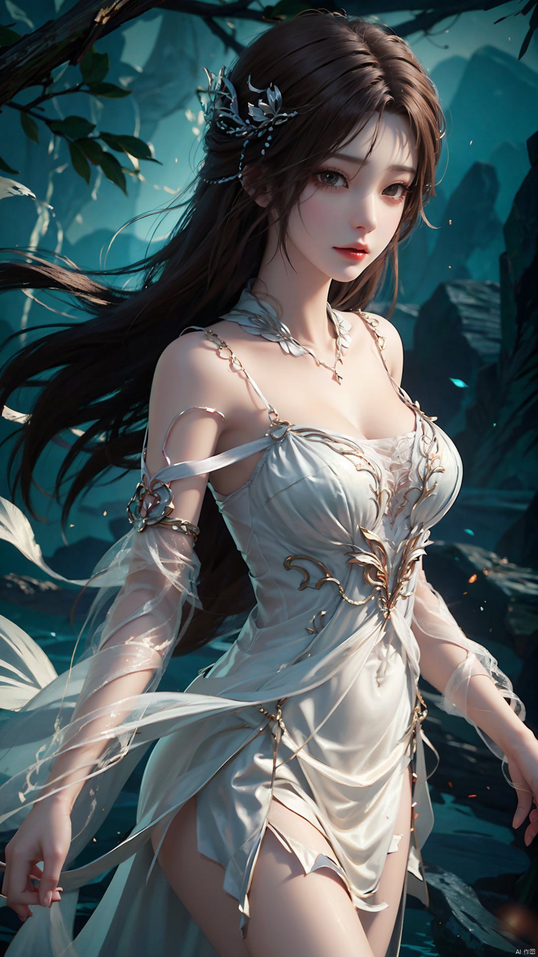 1girl, dress, solo, brown hair, long hair, white dress, hair ornament, bare shoulders, mischevious smile, perfect body, scenery, sharp focus, best quality, masterpiece, detailed outfit, illustration, perfect eyes, finely detailed beautiful anime eyes, realistic skin, intricate details, best lighting, depth of field, ultra high resolution,cowboy_shot, dynamic pose, dynamic angle,