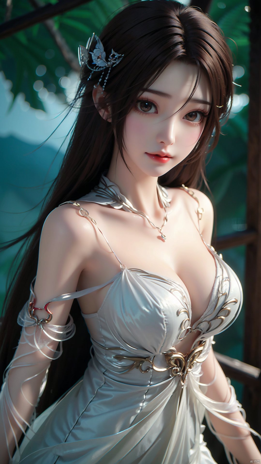 1girl, dress, solo, brown hair, long hair, white dress, hair ornament, bare shoulders, mischevious smile, perfect body, scenery, sharp focus, best quality, masterpiece, detailed outfit, illustration, perfect eyes, finely detailed beautiful anime eyes, realistic skin, intricate details, best lighting, depth of field, ultra high resolution,cowboy_shot, dynamic pose, dynamic angle,