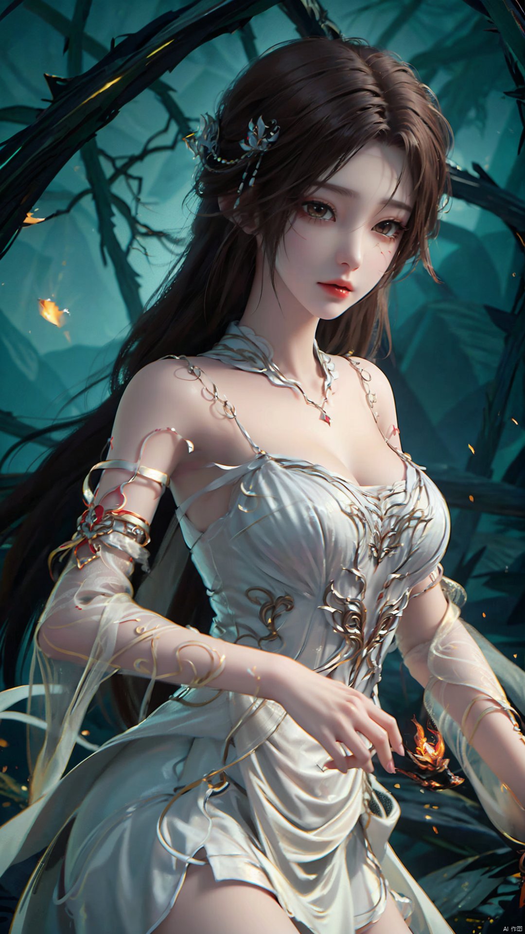 1girl, dress, solo, brown hair, long hair, white dress, hair ornament, bare shoulders, mischevious smile, perfect body, scenery, sharp focus, best quality, masterpiece, detailed outfit, illustration, perfect eyes, finely detailed beautiful anime eyes, realistic skin, intricate details, best lighting, depth of field, ultra high resolution,cowboy_shot, dynamic pose, dynamic angle,