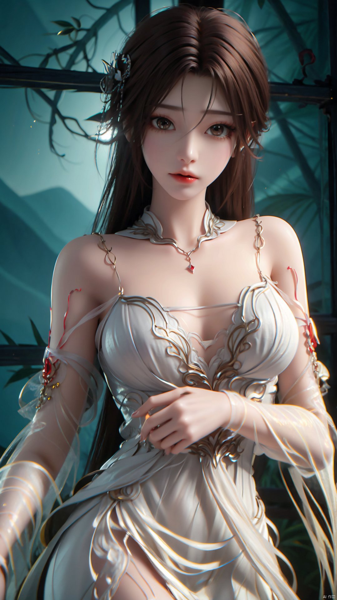 1girl, dress, solo, brown hair, long hair, white dress, hair ornament, bare shoulders, mischevious smile, perfect body, scenery, sharp focus, best quality, masterpiece, detailed outfit, illustration, perfect eyes, finely detailed beautiful anime eyes, realistic skin, intricate details, best lighting, depth of field, ultra high resolution,cowboy_shot, dynamic pose, dynamic angle,