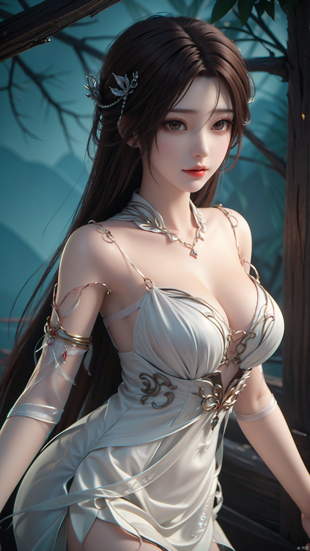 1girl, dress, solo, brown hair, long hair, white dress, hair ornament, bare shoulders, mischevious smile, perfect body, scenery, sharp focus, best quality, masterpiece, detailed outfit, illustration, perfect eyes, finely detailed beautiful anime eyes, realistic skin, intricate details, best lighting, depth of field, ultra high resolution,cowboy_shot, dynamic pose, dynamic angle,