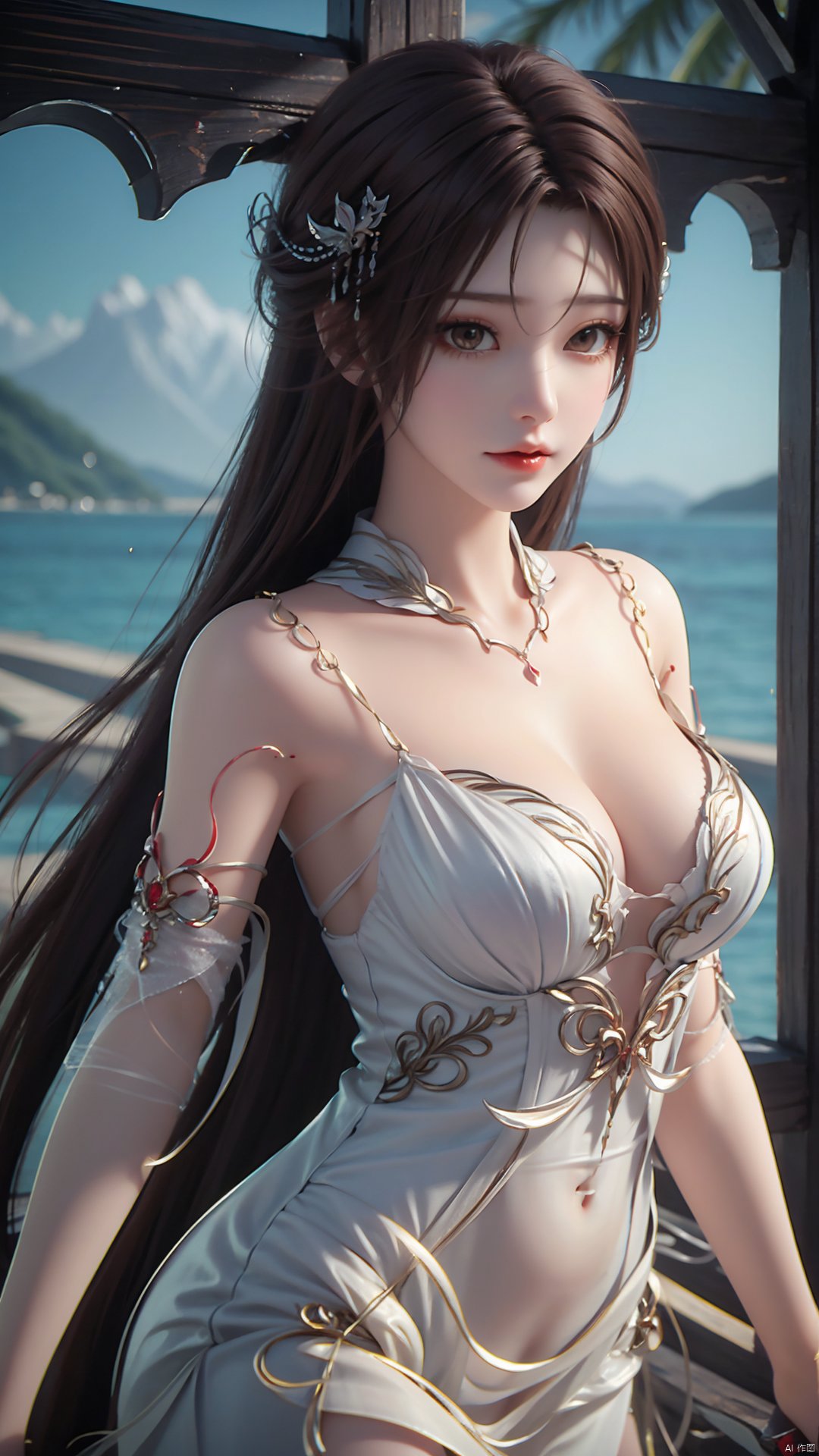 1girl, dress, solo, brown hair, long hair, white dress, hair ornament, bare shoulders, mischevious smile, perfect body, scenery, sharp focus, best quality, masterpiece, detailed outfit, illustration, perfect eyes, finely detailed beautiful anime eyes, realistic skin, intricate details, best lighting, depth of field, ultra high resolution,cowboy_shot, dynamic pose, dynamic angle,