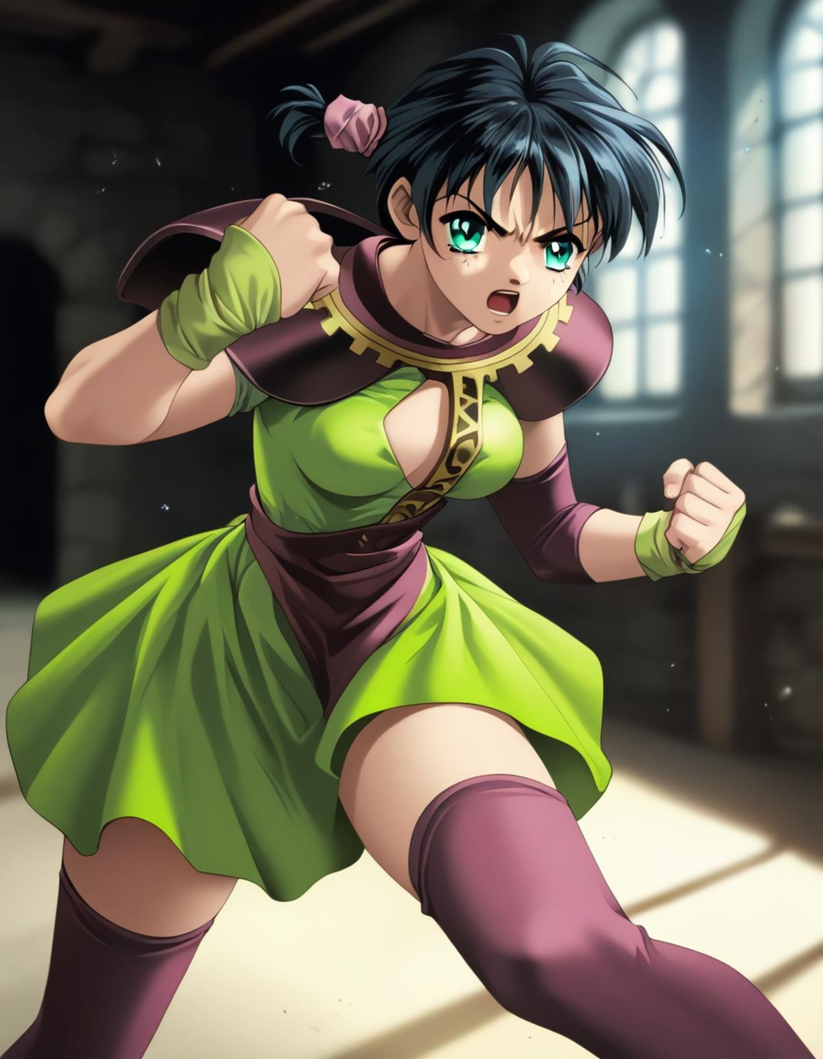 score_9,  score_8_up, score_7_up <lora:silvanna-ponyxl:1>  silvanna, green dress, purple thighhighs,1girl, cowboy shot, fighting stance, indoors, dungeon, bokeh