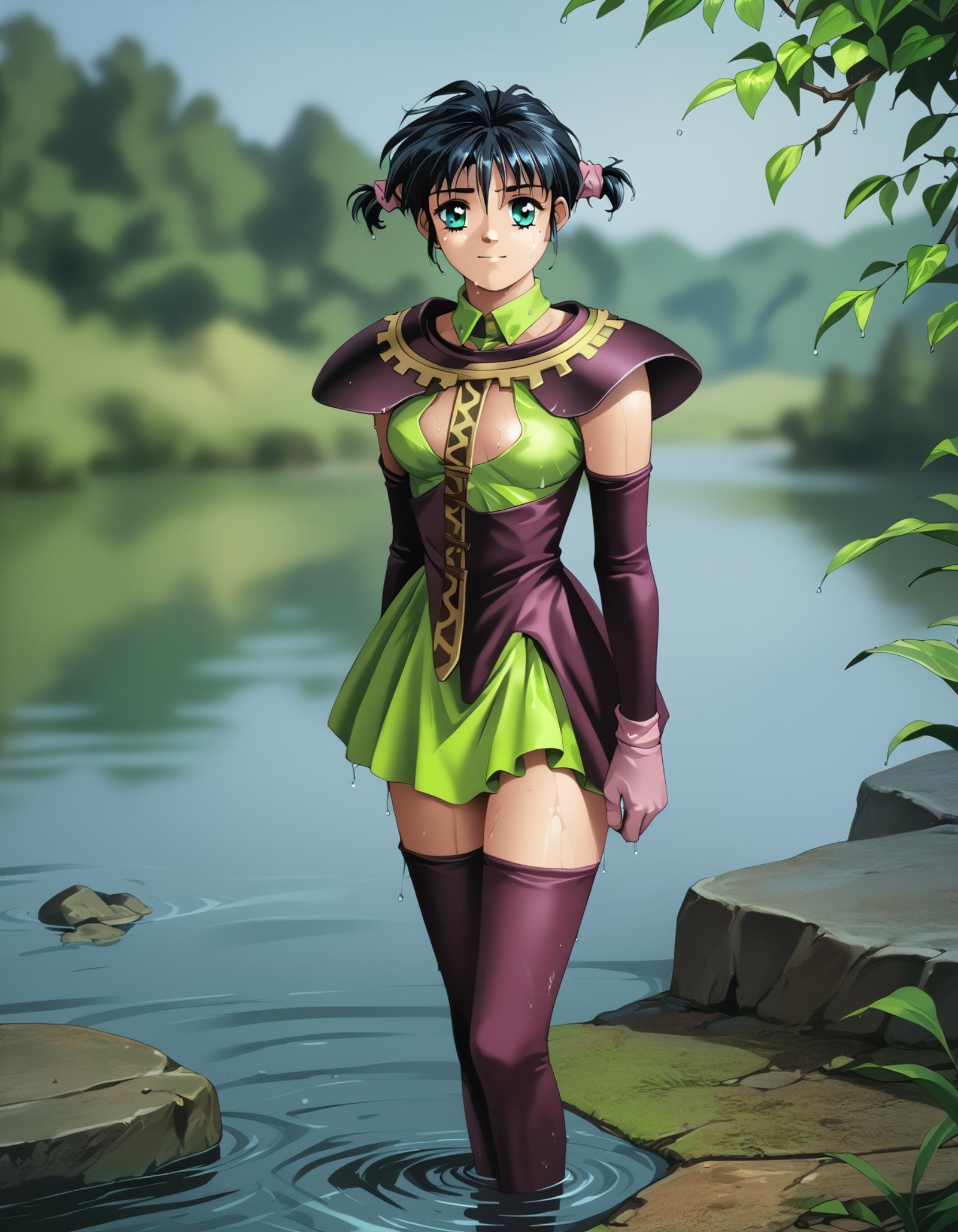 score_9,  score_8_up, score_7_up <lora:silvanna-ponyxl:1>  silvanna, green dress, (shoulder armor:0.4),  (purple armor:0.4),  purple thighhighs,1girl, standing, light smile, lake, water, wet