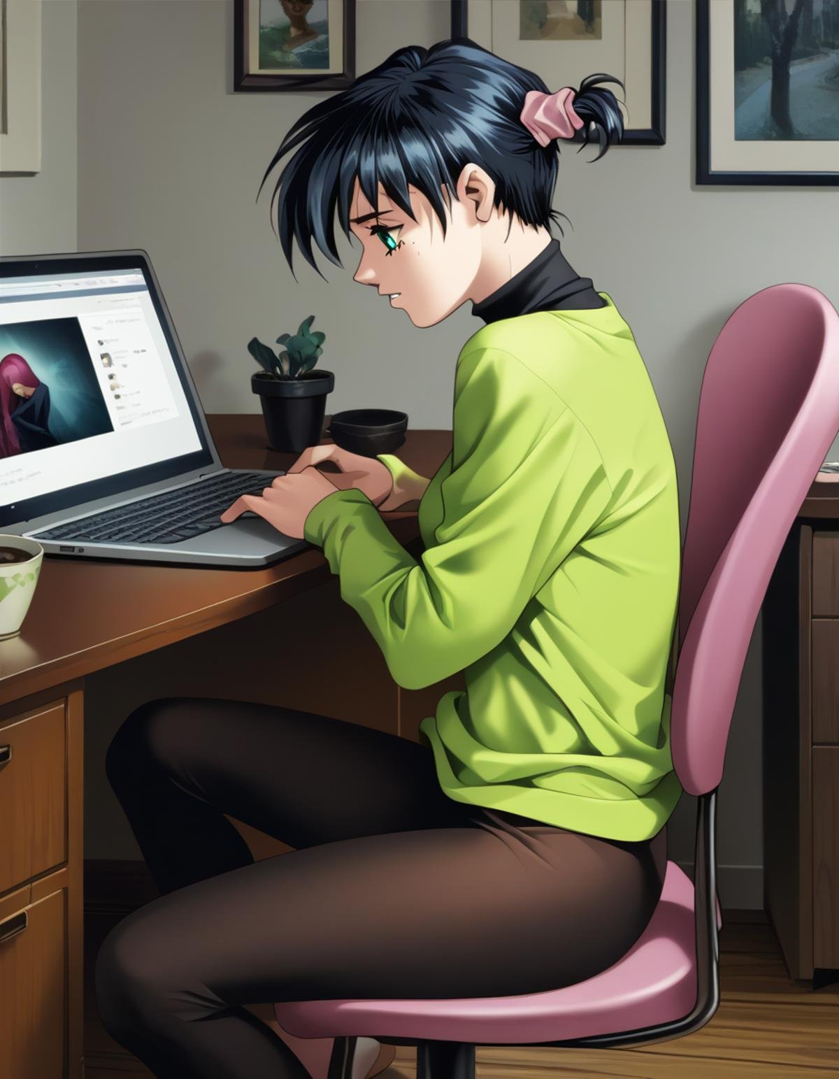 score_9,  score_8_up, score_7_up <lora:silvanna-ponyxl:1>  silvanna, sweater, leggings,1girl, sitting, chair, from side, laptop, looking at screen, indoors, bedroom