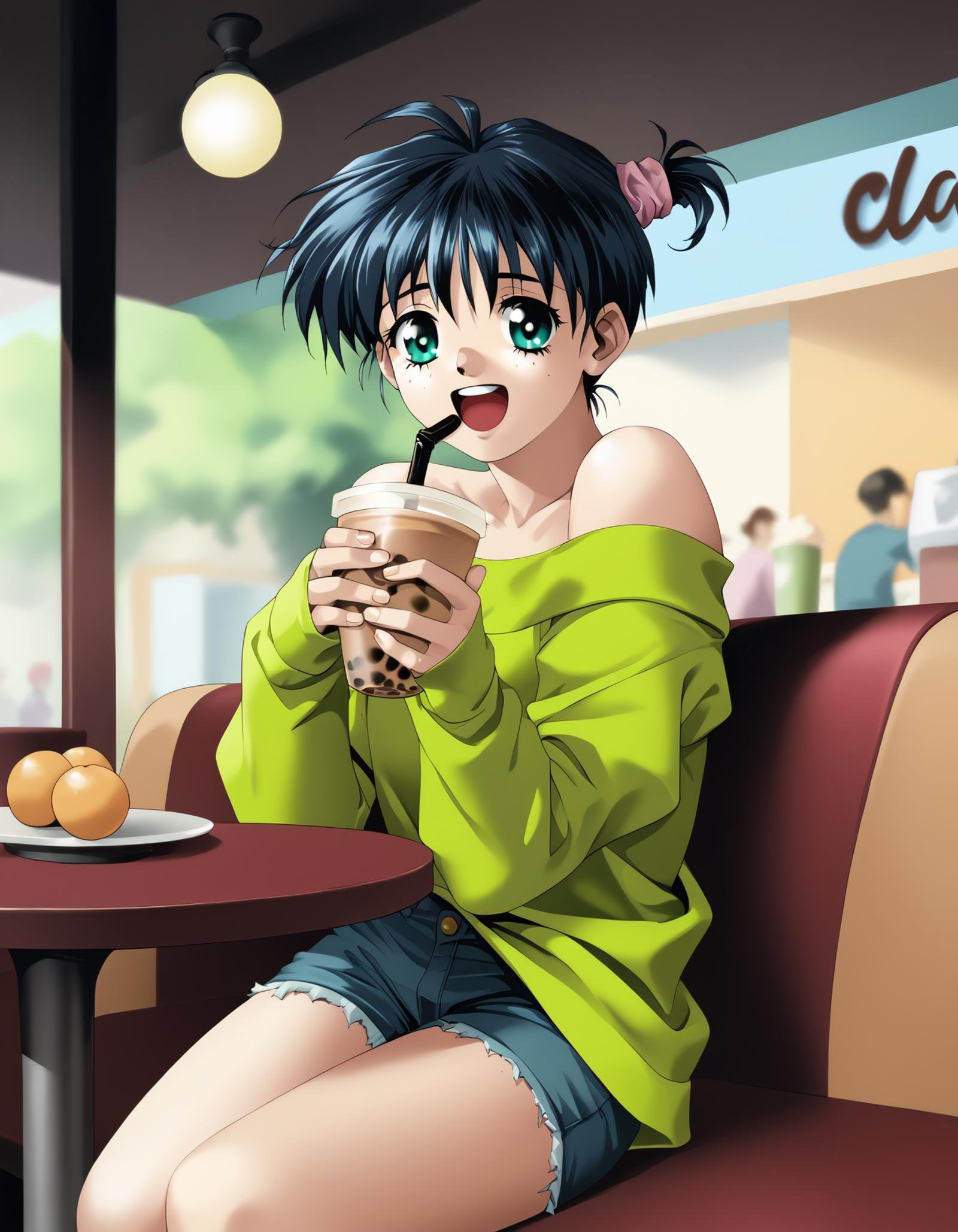 score_9,  score_8_up, score_7_up <lora:silvanna-ponyxl:1> silvanna, sweater, off shoulder, cutoffs,1girl, solo, cafe, happy, bubble tea