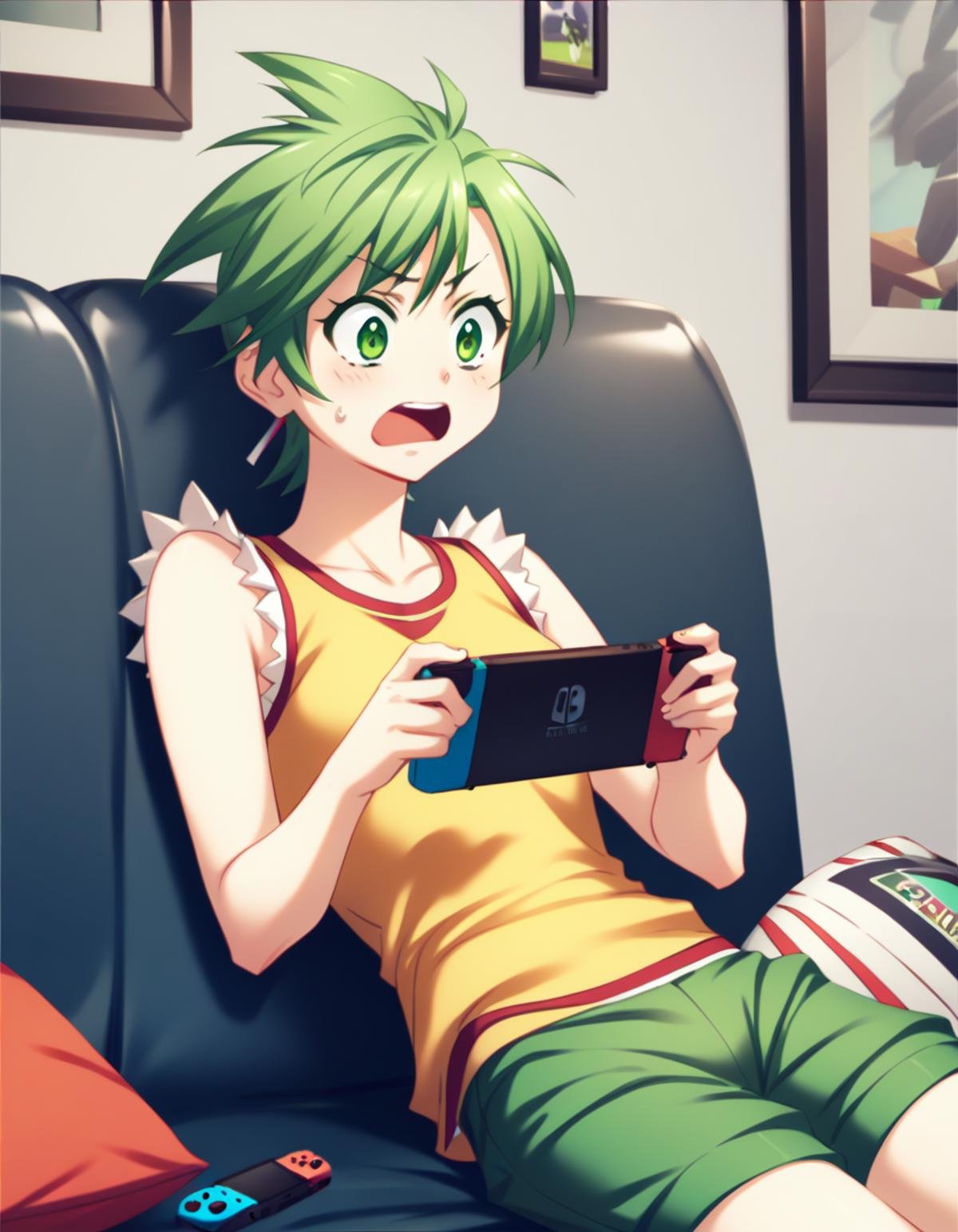 <lora:elnie-ponyxl-000022:1> elnie,elniedef, sleeveless shirt, yellow shirt, shorts, green shorts,1girl, holding handheld game console, nintendo switch, sofa, surprised, score_9, score_8_up, score_7_up, score_6_up, score_5_up, score_4_up