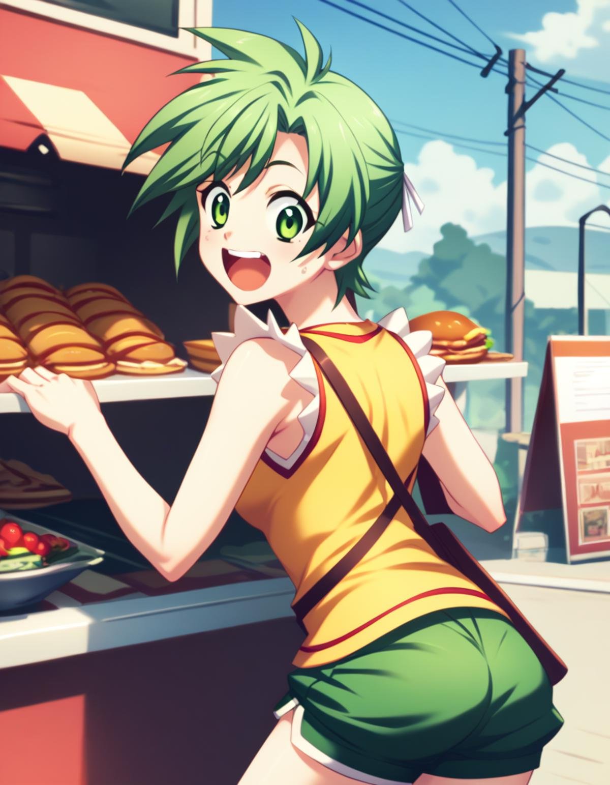 <lora:elnie-ponyxl-000022:1> elnie,elniedef, sleeveless shirt, yellow shirt, shorts, green shorts,1girl, solo, from behind, food stand, excited, score_9, score_8_up, score_7_up, score_6_up, score_5_up, score_4_up