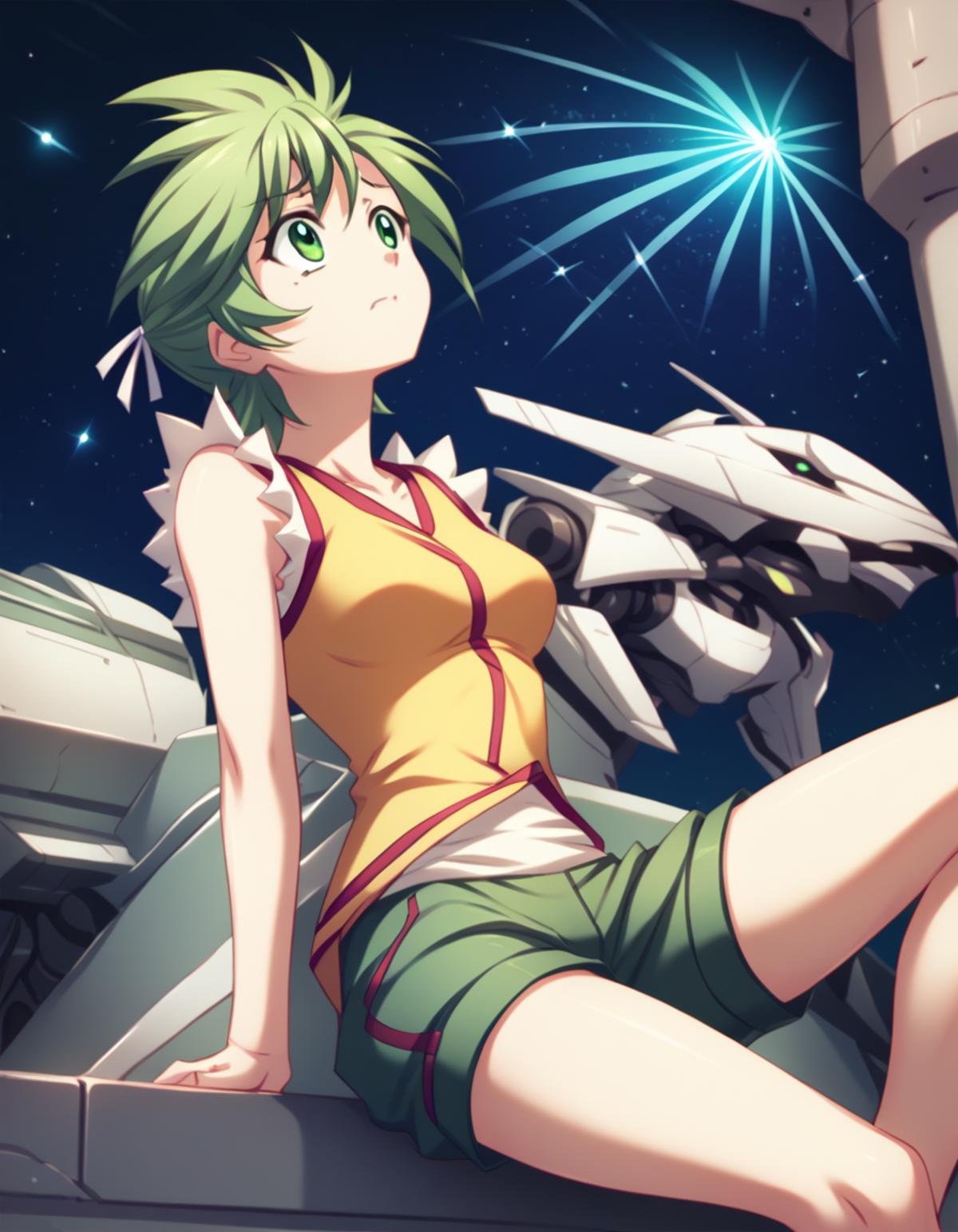 <lora:elnie-ponyxl-000022:1> elnie,elniedef, sleeveless shirt, yellow shirt, shorts, green shorts,1girl, solo, sitting, mecha, looking up, worried, night sky, meteor, score_9, score_8_up, score_7_up, score_6_up, score_5_up, score_4_up