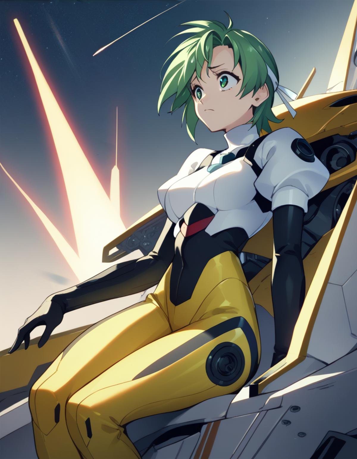 <lora:elnie-ponyxl-000022:1> elnie,pilot suit, bodysuit, white turtleneck, puffy sleeves, yellow pants,1girl, solo, sitting, mecha, looking up, worried, night sky, meteor, score_9, score_8_up, score_7_up, score_6_up, score_5_up, score_4_up