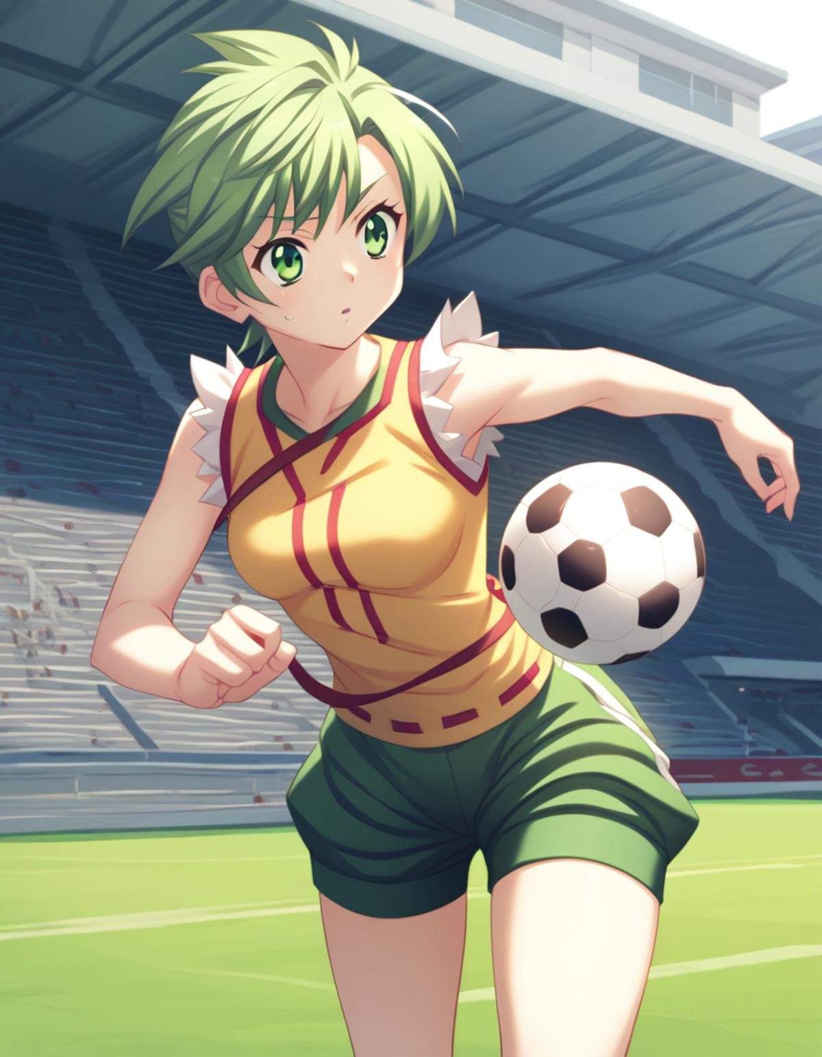 <lora:elnie-ponyxl-000022:1> elnie,elniedef, sleeveless shirt, yellow shirt, shorts, green shorts,1girl, outdoors, soccer ball, score_9, score_8_up, score_7_up, score_6_up, score_5_up, score_4_up