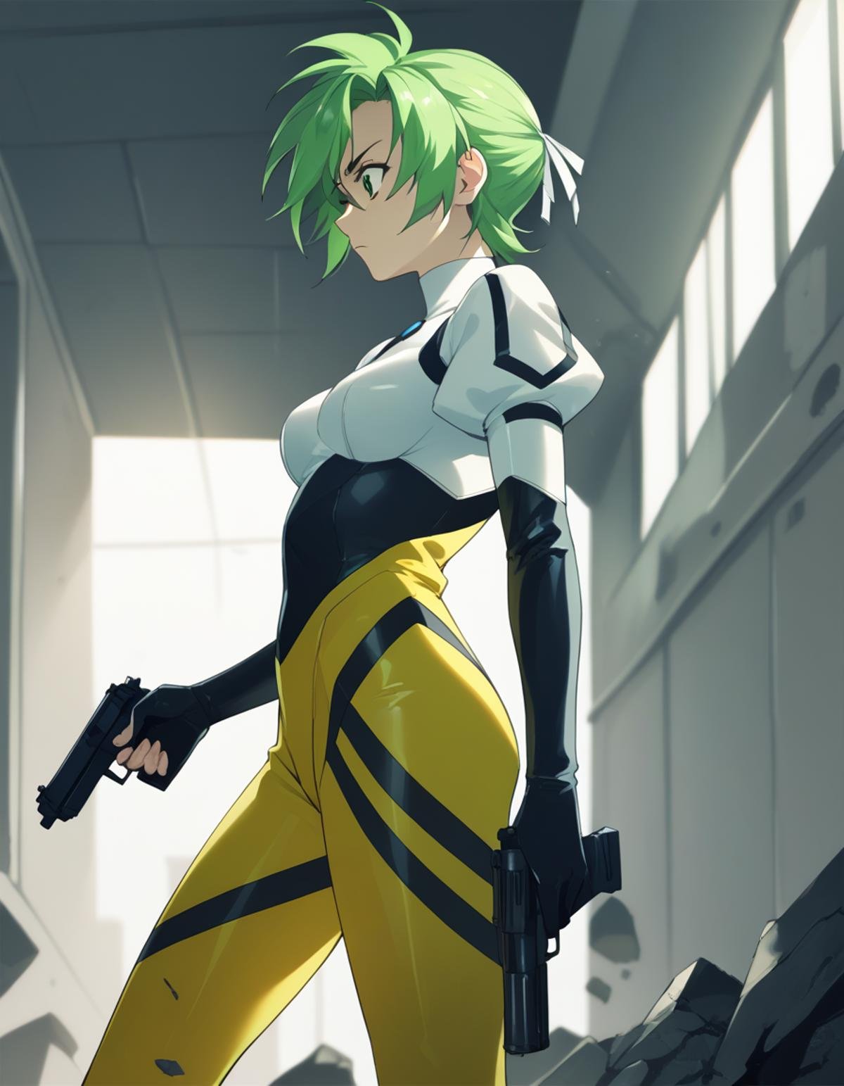 <lora:elnie-ponyxl-000022:1> elnie,pilot suit, bodysuit, white turtleneck, puffy sleeves, yellow pants,1girl, solo, hallway, from side, holding gun, serious, rubble, looking down, score_9, score_8_up, score_7_up, score_6_up, score_5_up, score_4_up