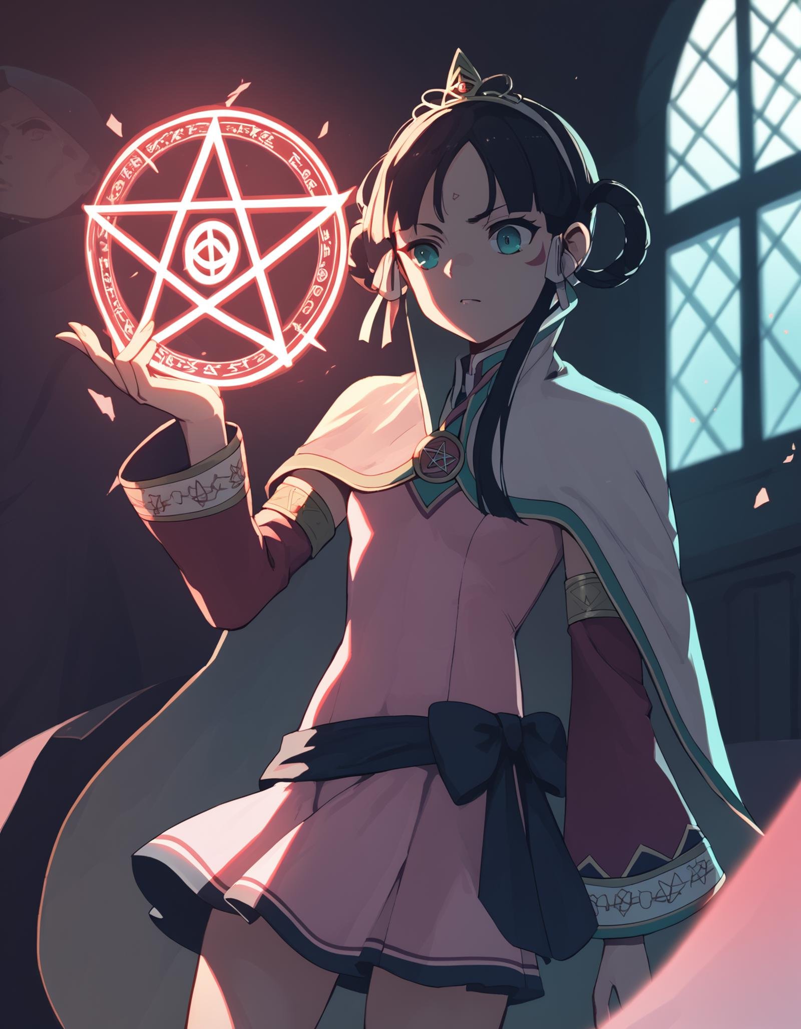 score_9,  score_8_up, score_7_up, source_anime <lora:rayfa-ponyxl-000017:1> rayfa, tiara, cape, short dress, pink dress, detached sleeves,1girl, summoning, pentagram, dim lighting, indoors