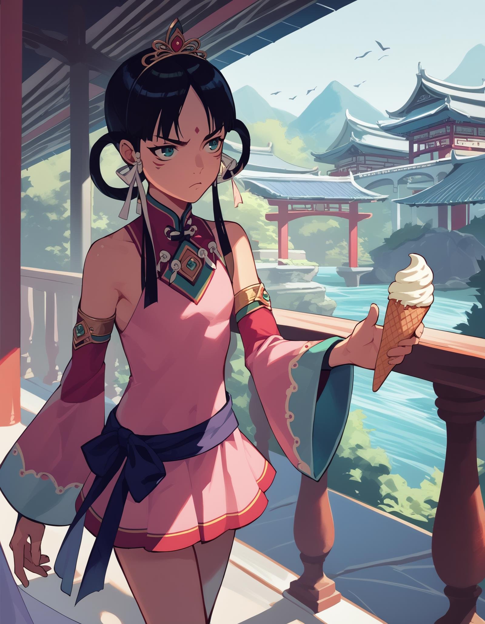 score_9,  score_8_up, score_7_up, source_anime <lora:rayfa-ponyxl-000017:1> rayfa, tiara, bare shoulders, short dress, pink dress, detached sleeves,1girl, pout, ice cream, bridge, outdoors, east asian architecture, 