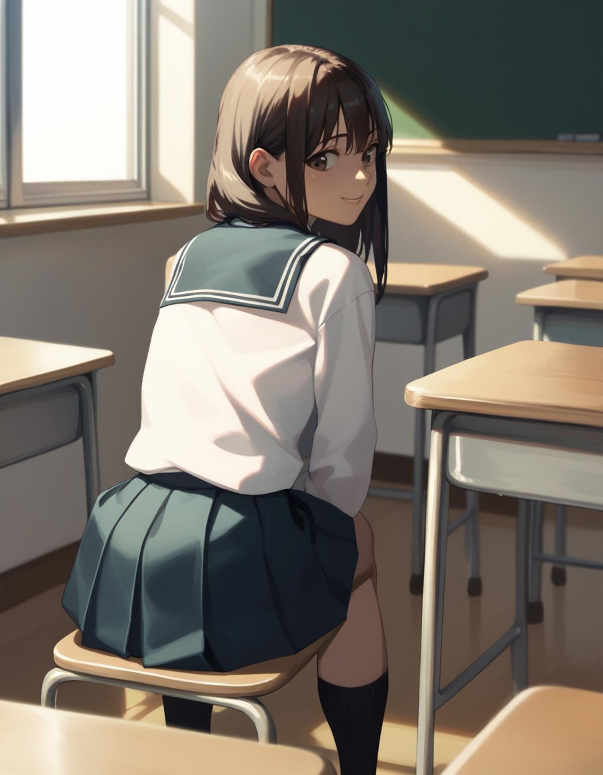 score_9, score_8_up, score_7_up, score_6_up, score_5_up, score_4_up<lora:nase-ponyxl-000035:1> seasu, school uniform, classroom, looking back, light smile