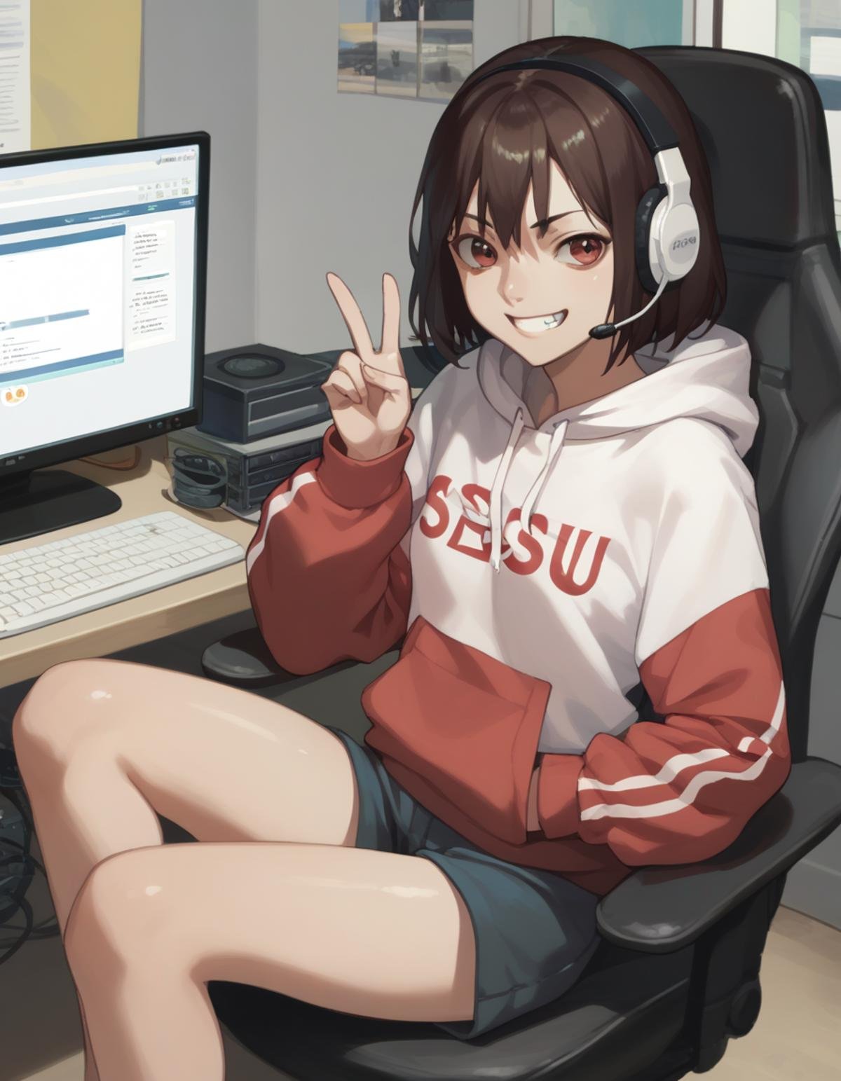 score_9, score_8_up, score_7_up, score_6_up, score_5_up, score_4_up<lora:nase-ponyxl-000035:1> seasu, hoodie, shorts,1girl, v, grin, sitting, computer, headset