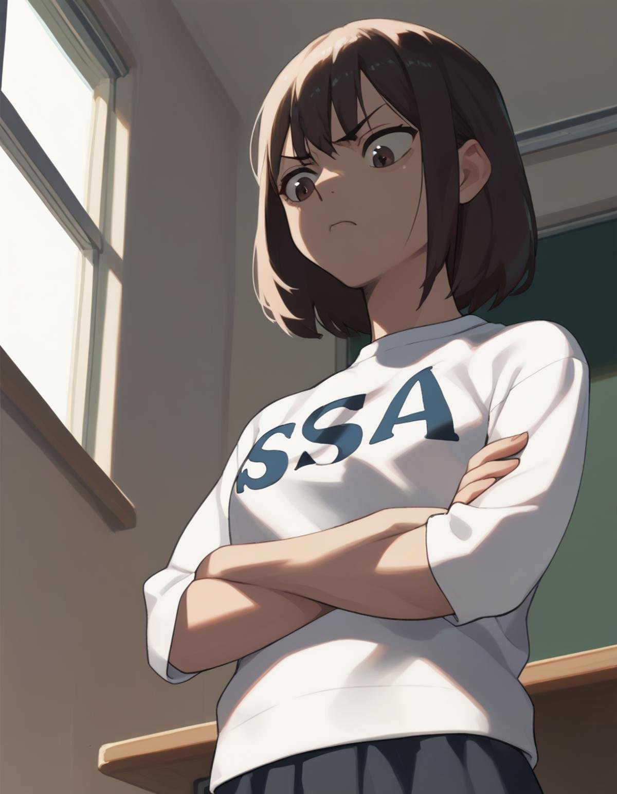 score_9, score_8_up, score_7_up, score_6_up, score_5_up, score_4_up<lora:nase-ponyxl-000035:1> seasu, shirt, raglan sleeves,1girl, from below, looking down, annoyed, crossed arms, classroom