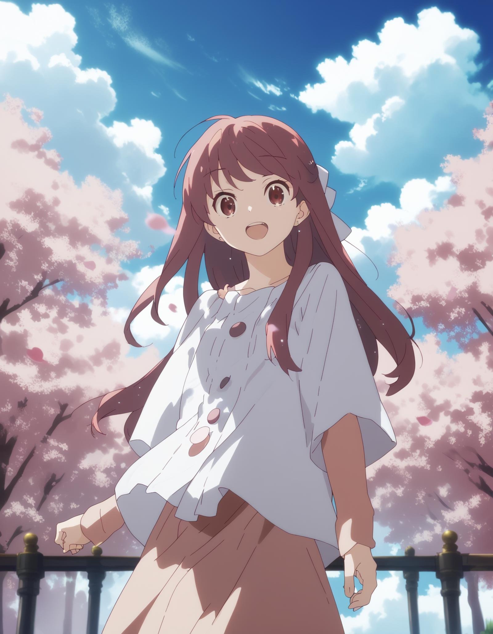 score_9,  score_8_up, score_7_up, source_anime, <lora:rin-ponyxl:0.9> rnshltr,1girl, solo, smile, open mouth, cherry blossoms, sky, day, cloud, blue sky