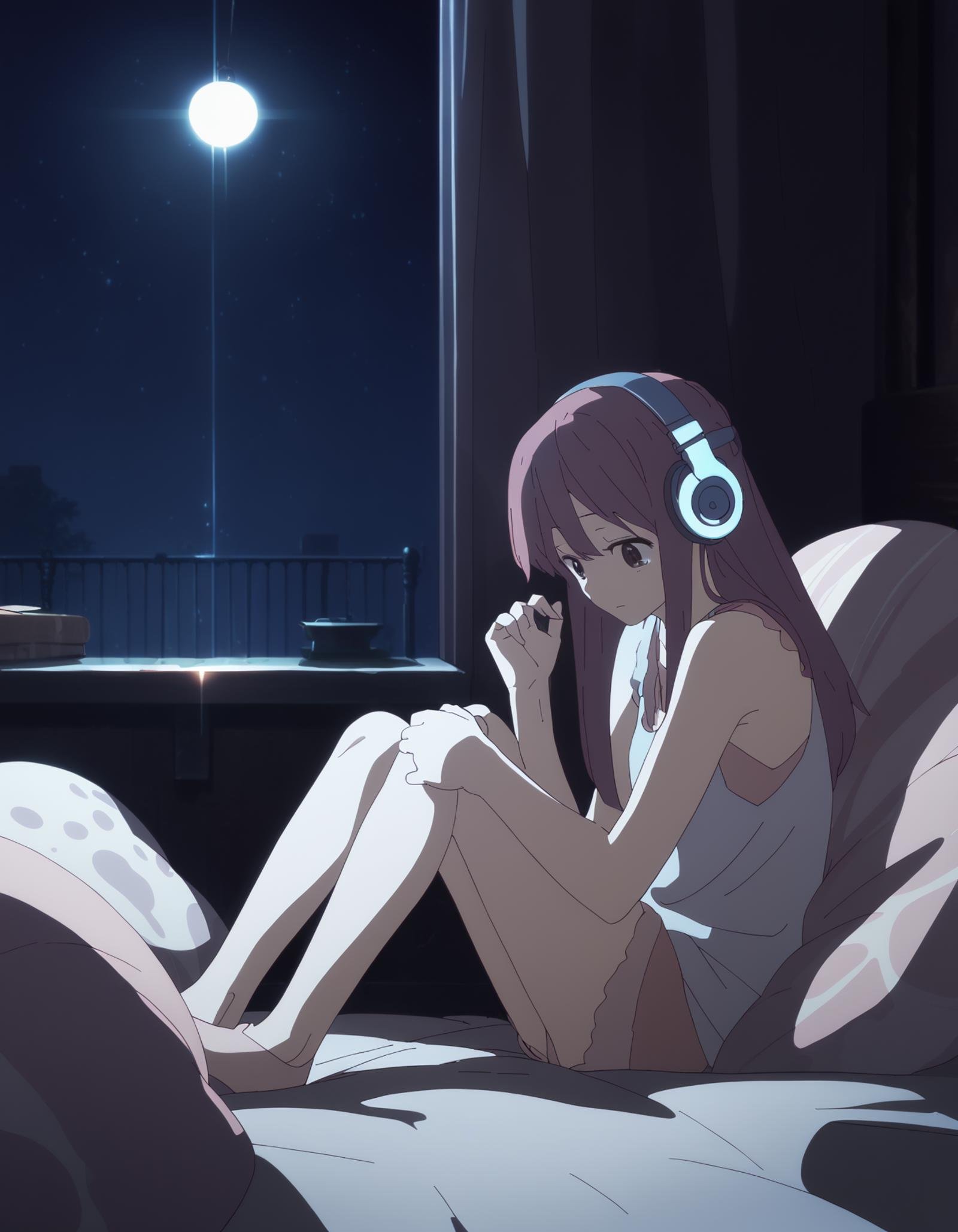 score_9,  score_8_up, score_7_up, source_anime, <lora:rin-ponyxl:0.9> rnshltr, headphones,1girl, solo, exhausted, sitting, screen light, dim lighting, night, bedroom