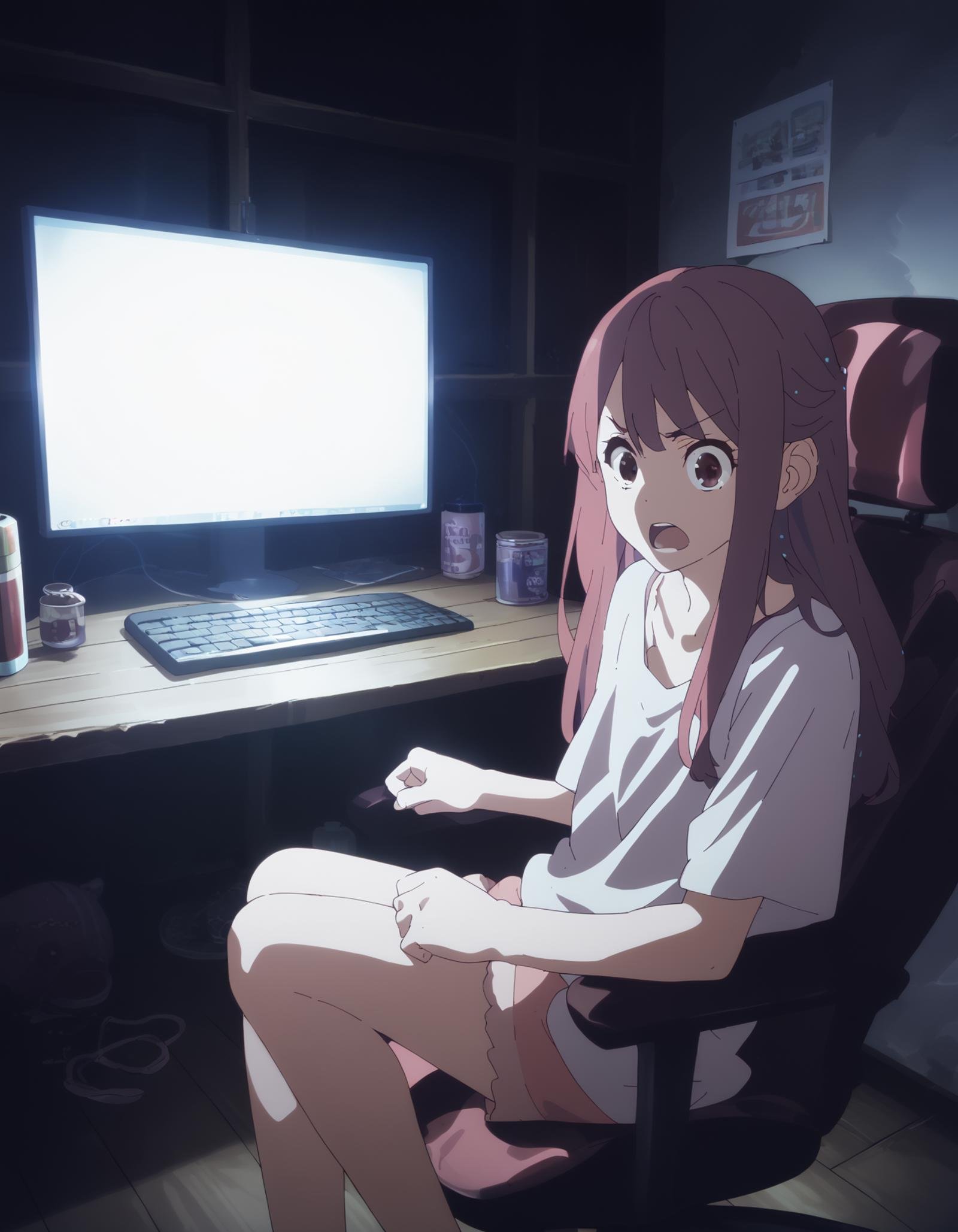 score_9,  score_8_up, score_7_up, source_anime, <lora:rin-ponyxl:0.9> rnshltr,1girl, solo, caught, angry, open mouth, sitting, gamer chair, screen light, looking at screen, dim lighting, night