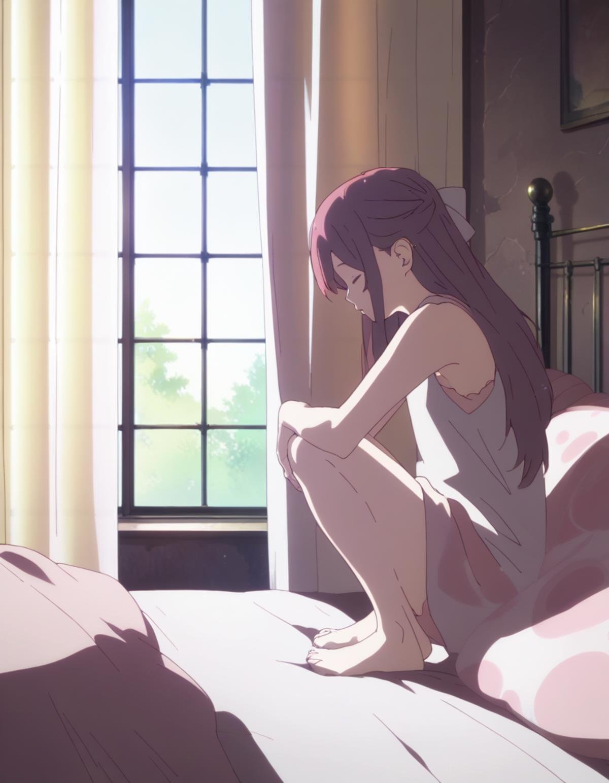 score_9,  score_8_up, score_7_up, source_anime, <lora:rin-ponyxl:0.9> rnshltr,1girl, solo, sitting, barefoot, closed eyes, day, indoors, pillow, window, bed, curtains, blanket, hand on knees, bedroom, morning