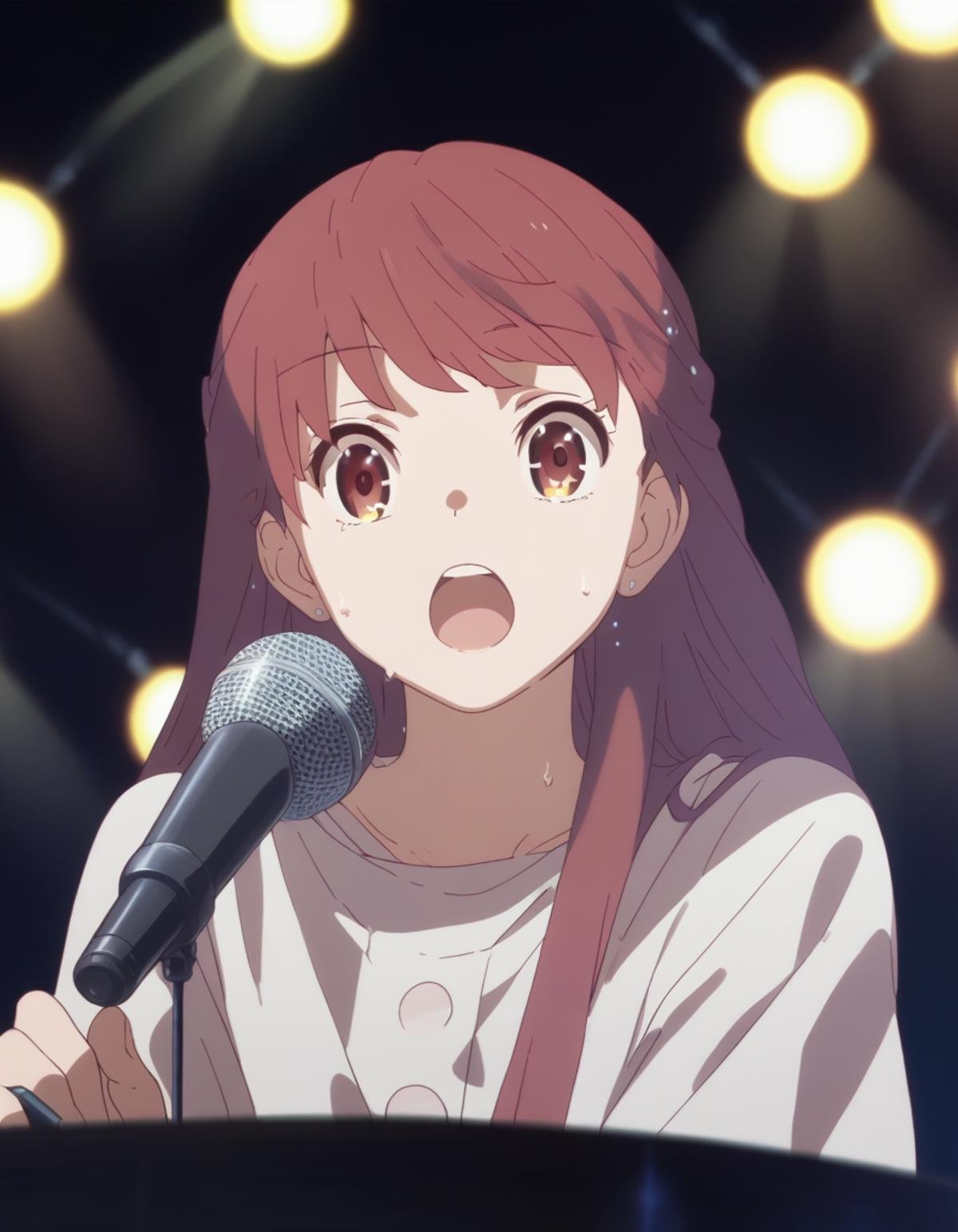 score_9,  score_8_up, score_7_up, source_anime, <lora:rin-ponyxl:0.9> rnshltr, upper body,1girl, solo, open mouth, microphone, sweat, on stage, stage lights