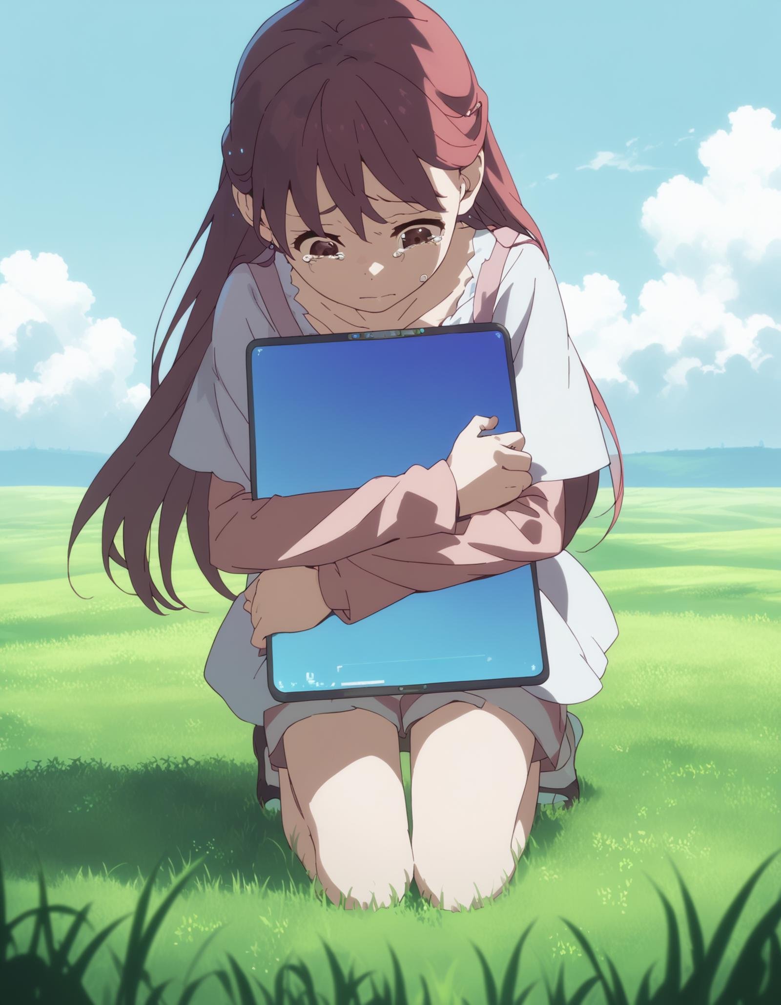 score_9,  score_8_up, score_7_up, source_anime, <lora:rin-ponyxl:0.9> rnshltr,1girl, front view, looking down, kneeling, hugging object, holding tablet pc, tears, grass, blue sky