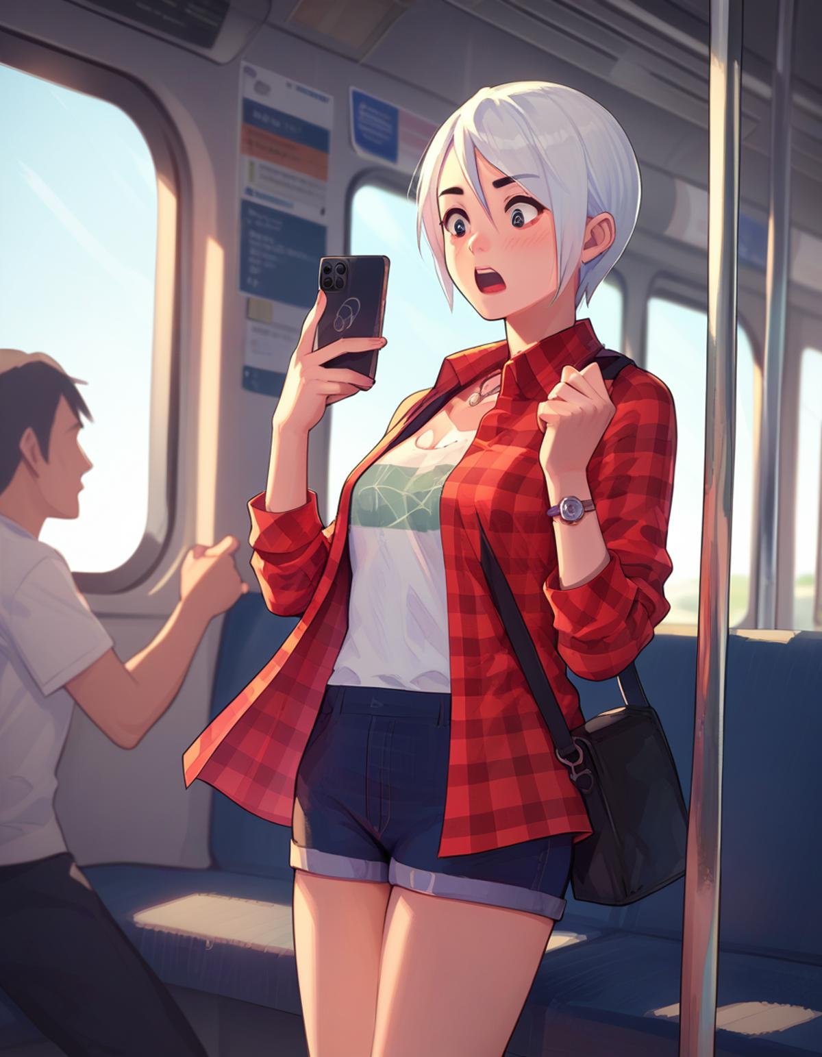 <lora:ashley-ac-ponyxl-000060:1> ashley mizuki robbins, plaid shirt, open shirt, denim shorts,smartphone, looking at phone, surprised, train interior, score_9, score_8_up, score_7_up, score_6_up, score_5_up, score_4_up