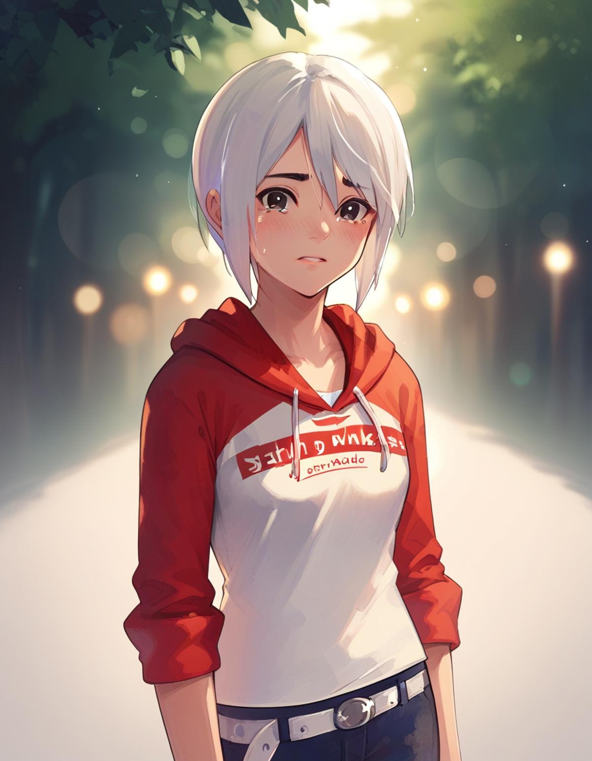 <lora:ashley-ac-ponyxl-000060:1> ashley mizuki robbins, hoodie, white shirt, red sleeves, jeans, white belt,forest, night, blurry background, bokeh, looking at viewer, tears, portrait, score_9, score_8_up, score_7_up, score_6_up, score_5_up, score_4_up