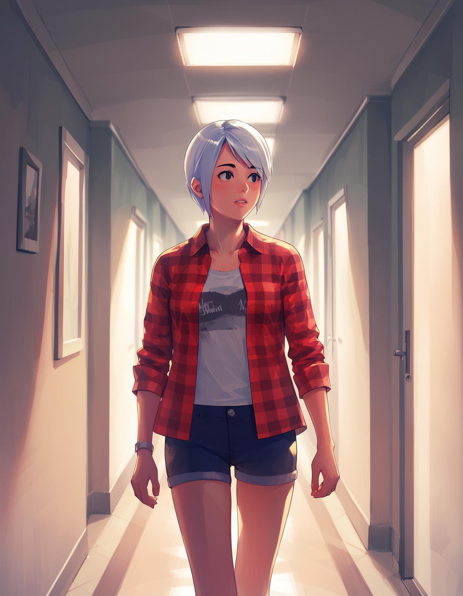 <lora:ashley-ac-ponyxl-000060:1> ashley mizuki robbins, ashley mizuki robbins, plaid shirt, open shirt, denim shorts,flashlight, horror \(theme\), hallway, walking, dark, dim, indoors, score_9, score_8_up, score_7_up, score_6_up, score_5_up, score_4_up